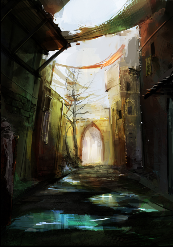 relax (artist), original, alley, no humans, puddle, road, scenery, sketch, street, town, tree, vanishing point, water