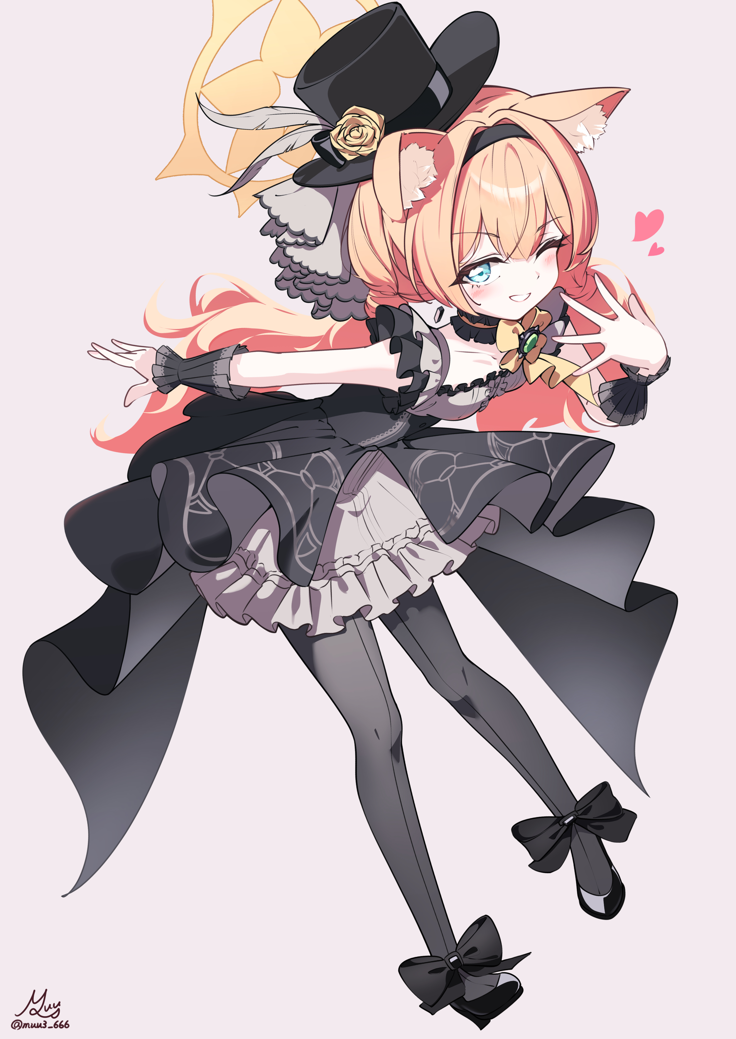 muu3 illust, mari (blue archive), mari (idol) (blue archive), blue archive, absurdres, commentary request, highres, 1girl, ;d, animal ear fluff, animal ears, black bow, black dress, black hairband, black hat, black pantyhose, black shoes, black wrist cuffs, blue eyes, blush, bow, breasts, cat ears, cat girl, center frills, choker, collarbone, dress, earrings, extra ears, eyelashes, flower, footwear bow, frilled choker, frilled dress, frills, full body, grey dress, grin, hair between eyes, hair intakes, hairband, halo, hand up, hat, hat feather, hat flower, heart, idol, idol clothes, jewelry, leaning forward, long hair, looking at viewer, low twintails, official alternate costume, official alternate hairstyle, one eye closed, open mouth, orange hair, outstretched arm, outstretched hand, pantyhose, rose, shoes, signature, simple background, small breasts, smile, solo, standing, top hat, twintails, twitter username, two-tone dress, v-shaped eyebrows, very long hair, white background, wrist cuffs, yellow flower, yellow halo, yellow rose