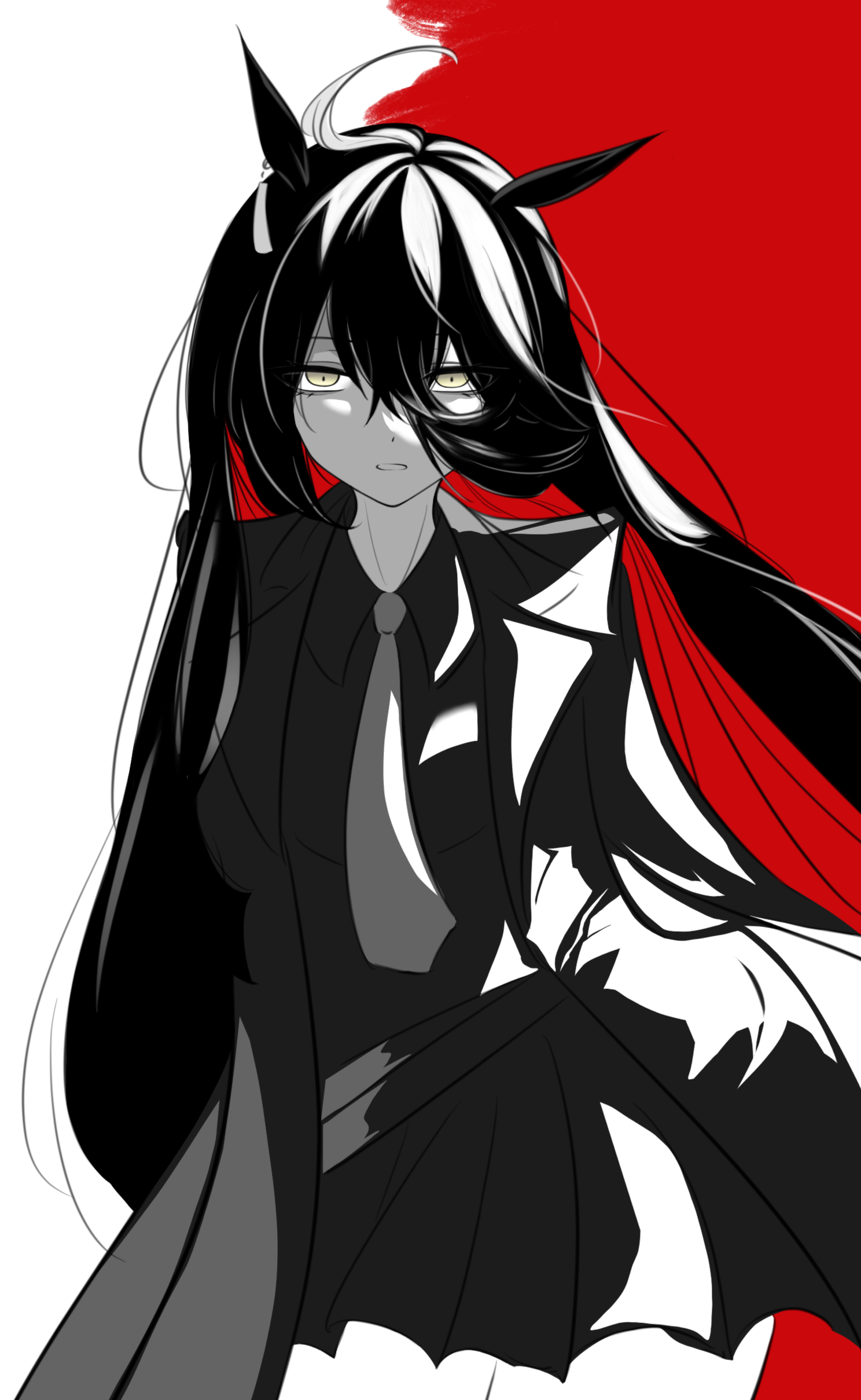 manhattan cafe (umamusume), umamusume, absurdres, commentary request, highres, 1girl, ahoge, animal ears, belt, black hair, coat, collared shirt, colored inner hair, ear ornament, ear tag, earrings, hair between eyes, horse ears, horse girl, jewelry, long bangs, long hair, long hair between eyes, long sleeves, looking at viewer, multicolored hair, necktie, open clothes, open coat, parted lips, pleated skirt, red hair, shirt, single earring, skirt, solo, spot color, very long hair, yellow eyes, zhi zhu zhu zhu zhu