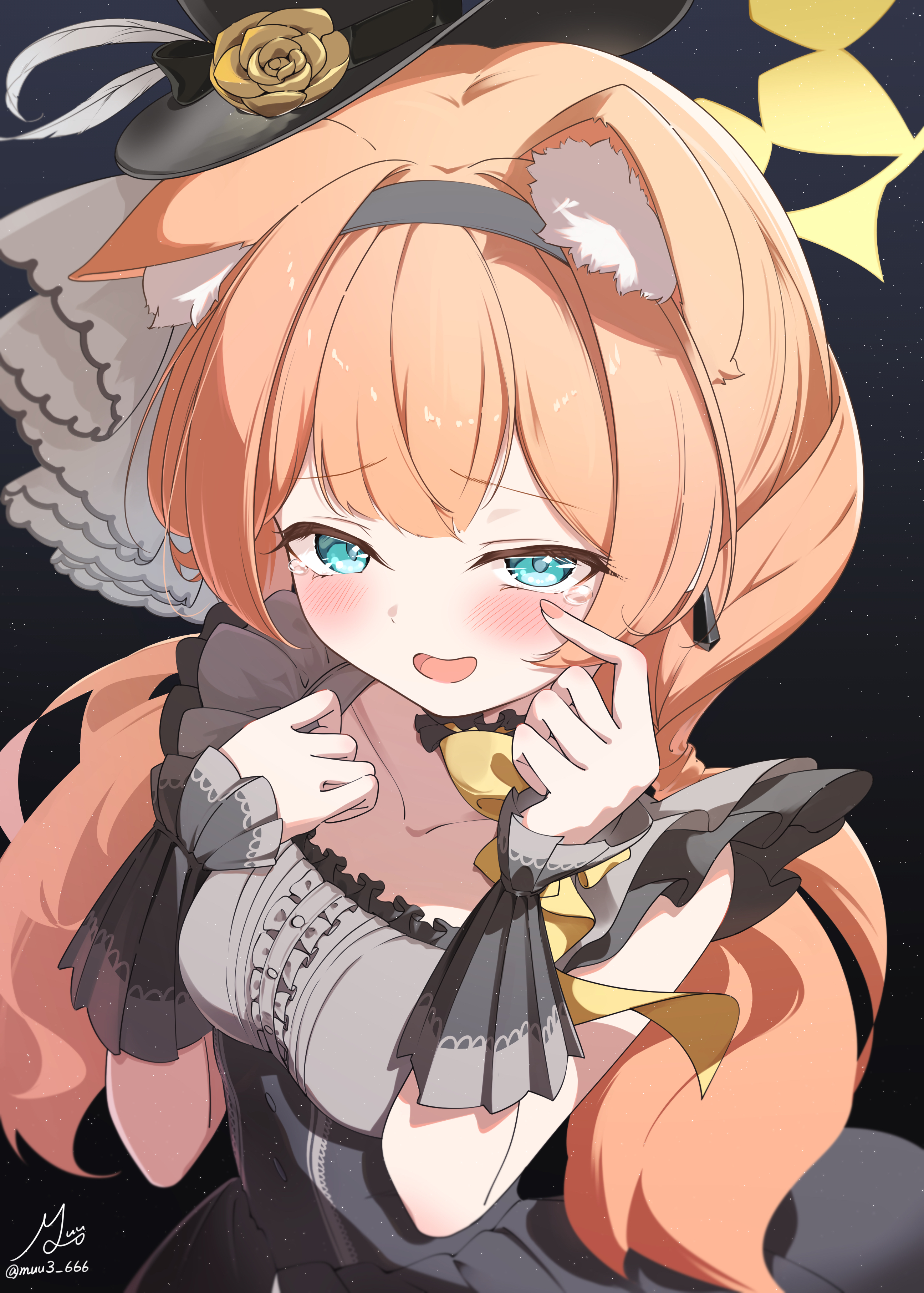 muu3 illust, mari (blue archive), mari (idol) (blue archive), blue archive, absurdres, commentary, highres, 1girl, :d, animal ear fluff, animal ears, black background, black dress, black hairband, black hat, black wrist cuffs, blue eyes, blush, breasts, cat ears, cat girl, center frills, choker, collarbone, cowboy shot, crying, dress, earrings, extra ears, flower, frilled choker, frilled dress, frills, furrowed brow, grey dress, hair between eyes, hairband, halo, hands up, happy, happy tears, hat, hat feather, hat flower, idol, idol clothes, jewelry, long hair, looking at viewer, low twintails, open mouth, orange hair, rose, rubbing eyes, sidelocks, signature, simple background, small breasts, smile, solo, tears, top hat, twintails, twitter username, two-tone dress, upturned eyes, very long hair, wrist cuffs, yellow flower, yellow halo, yellow rose