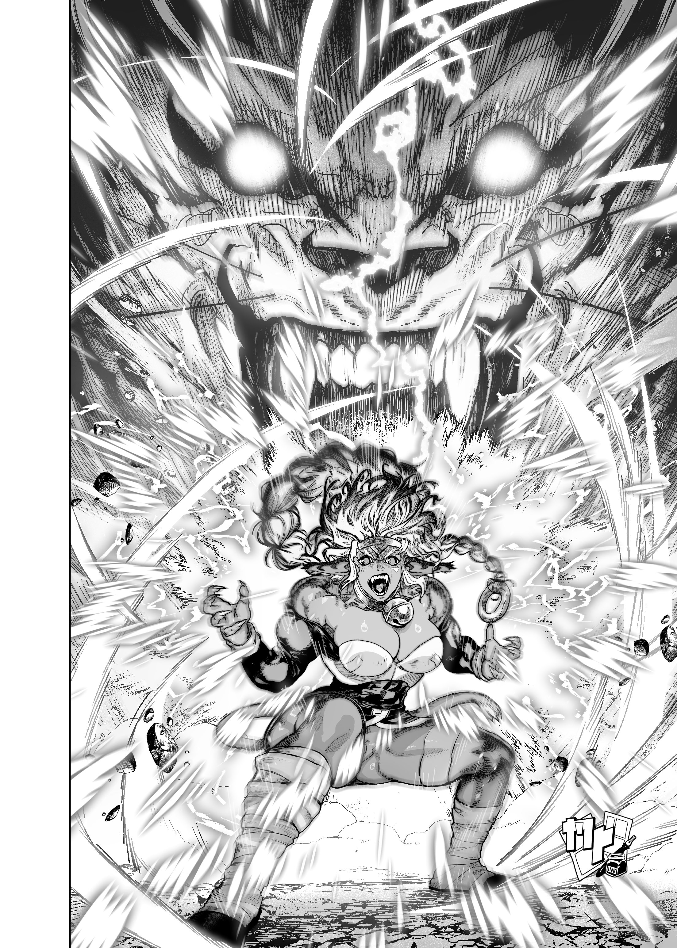 ericmartindood, aisha clanclan, outlaw star, absurdres, highres, 1girl, animal ears, aura, bell, braid, breasts, broad shoulders, circlet, dark-skinned female, dark skin, fingernails, full body, jingle bell, large breasts, long hair, monster, muscular, muscular female, neck bell, pointy ears, sharp fingernails, shouting, single braid, solo, squatting, thick thighs, thighs, very long hair