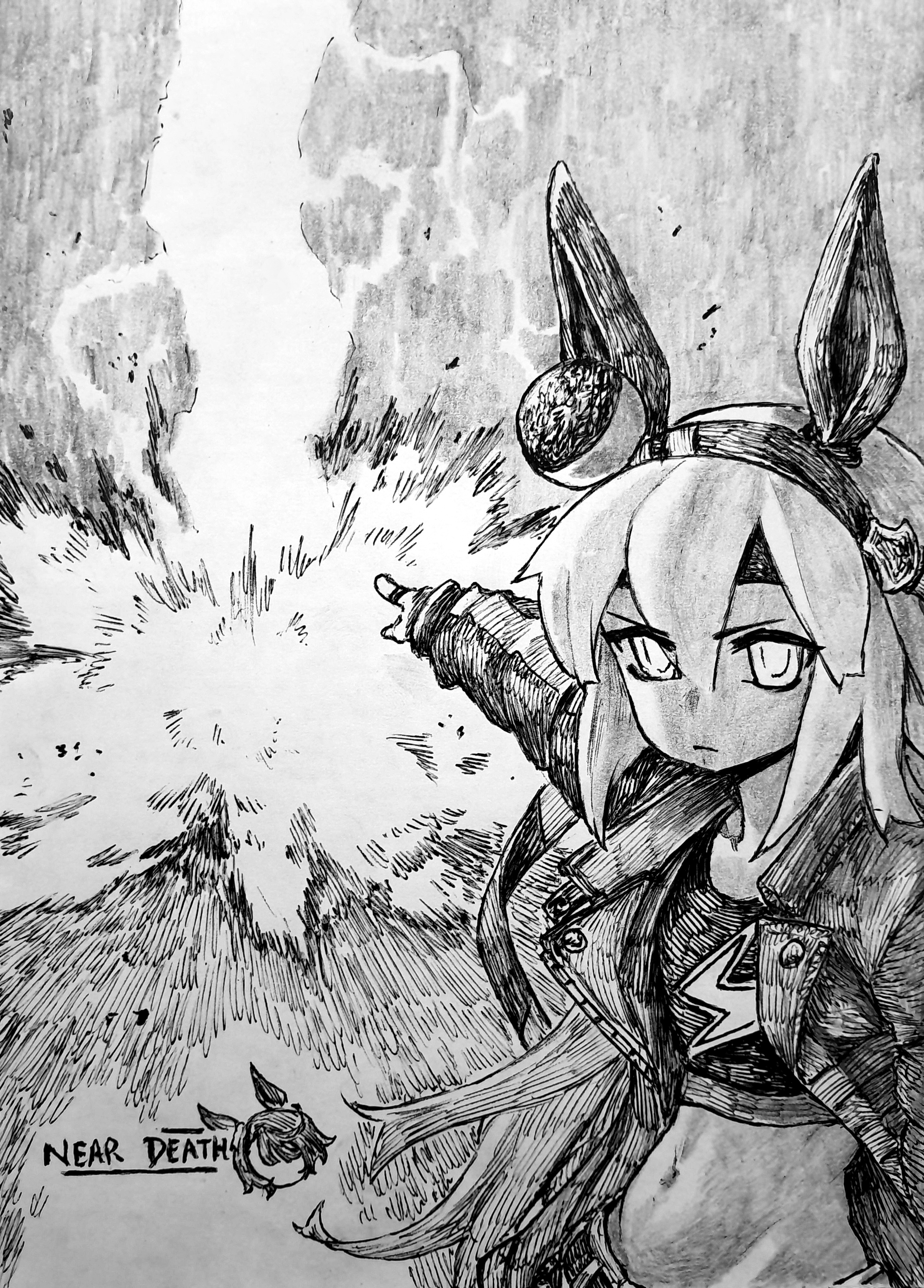 chronozbergh, narita taishin (umamusume), tamamo cross (fast as lightning) (umamusume), tamamo cross (umamusume), umamusume, absurdres, highres, traditional media, animal ears, crosshatching, ear ornament, explosion, greyscale, hatching (texture), horse ears, horse girl, horse tail, lightning bolt print, lightning bolt symbol, linear hatching, meme, monochrome, tail, woven hatching