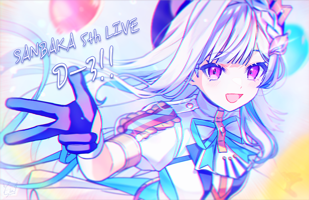 nurumi p, lize helesta, nijisanji, commentary request, 1girl, :d, blue ribbon, blurry, blurry background, blush, braid, chromatic aberration, contrast lapels, english text, finger counting, floating hair, glint, gloves, hair ornament, half gloves, hand up, hat, heavy chromatic aberration, idol clothes, jacket, lapels, long hair, looking at viewer, neck ribbon, open mouth, puffy short sleeves, puffy sleeves, purple eyes, purple gloves, ribbon, sanbaka anniversary outfit, short sleeves, signature, smile, solo, upper body, very long hair, virtual youtuber, white hair, white jacket, wrist ribbon