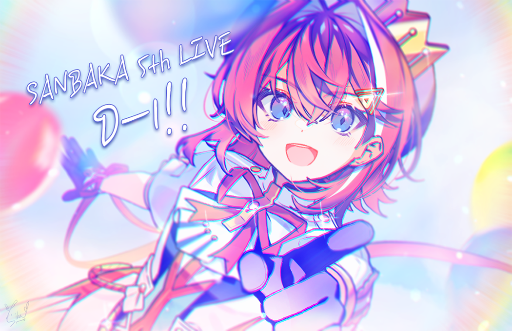 nurumi p, ange katrina, nijisanji, commentary request, 1girl, :d, blue eyes, blurry, blurry background, blush, chromatic aberration, contrast lapels, crossed bangs, crown hat ornament, diamond-shaped pupils, diamond (shape), english text, finger counting, glint, gloves, hair between eyes, hair intakes, hair ornament, hand up, hat, heavy chromatic aberration, idol clothes, index finger raised, jacket, lapels, looking at viewer, medium hair, multicolored hair, neck ribbon, open mouth, puffy short sleeves, puffy sleeves, purple gloves, red hair, red ribbon, ribbon, sanbaka anniversary outfit, short sleeves, signature, smile, solo, streaked hair, symbol-shaped pupils, triangle hair ornament, two-tone hair, upper body, virtual youtuber, white hair, white jacket, wrist ribbon