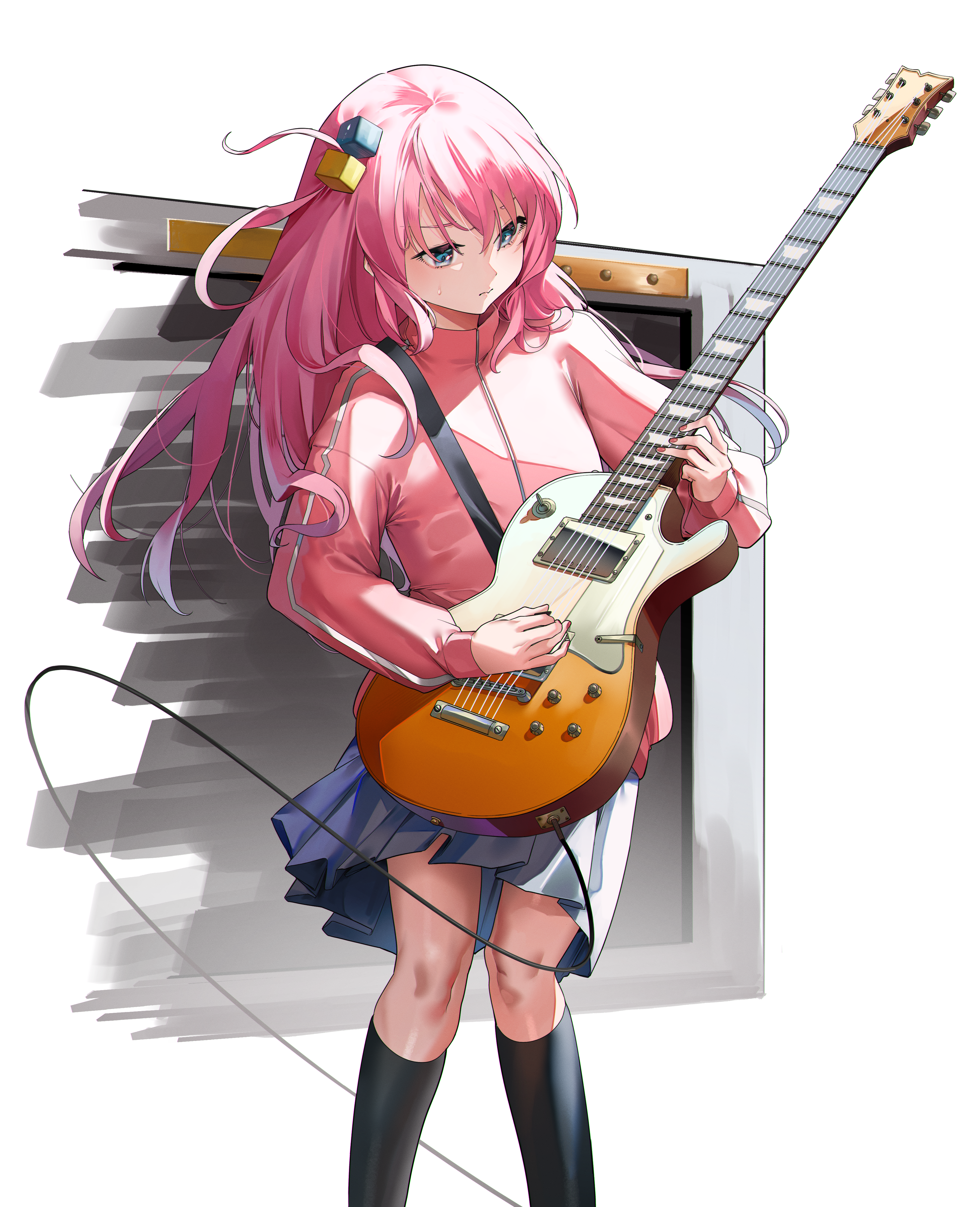 eredhen, gotoh hitori, bocchi the rock!, absurdres, commentary request, highres, 1girl, black socks, blue eyes, blue skirt, cube hair ornament, electric guitar, guitar, hair ornament, instrument, jacket, kneehighs, long hair, miniskirt, pink hair, pink jacket, pleated skirt, skirt, socks, solo, track jacket