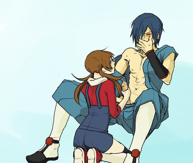 tsurukame (mihomi), falkner (pokemon), lyra (pokemon), nintendo, pokemon, pokemon hgss, bad id, bad pixiv id, 00s, 1boy, 1girl, blue background, blue hair, blush, brown hair, closed eyes, covering own mouth, cum, femdom, flat chest, gym leader, hair over one eye, hand over own mouth, handjob, hetero, japanese clothes, kneeling, long hair, nipples, no headwear, overalls, penis, pom pom (clothes), precum, simple background, spread legs, sweat, twintails, uncensored
