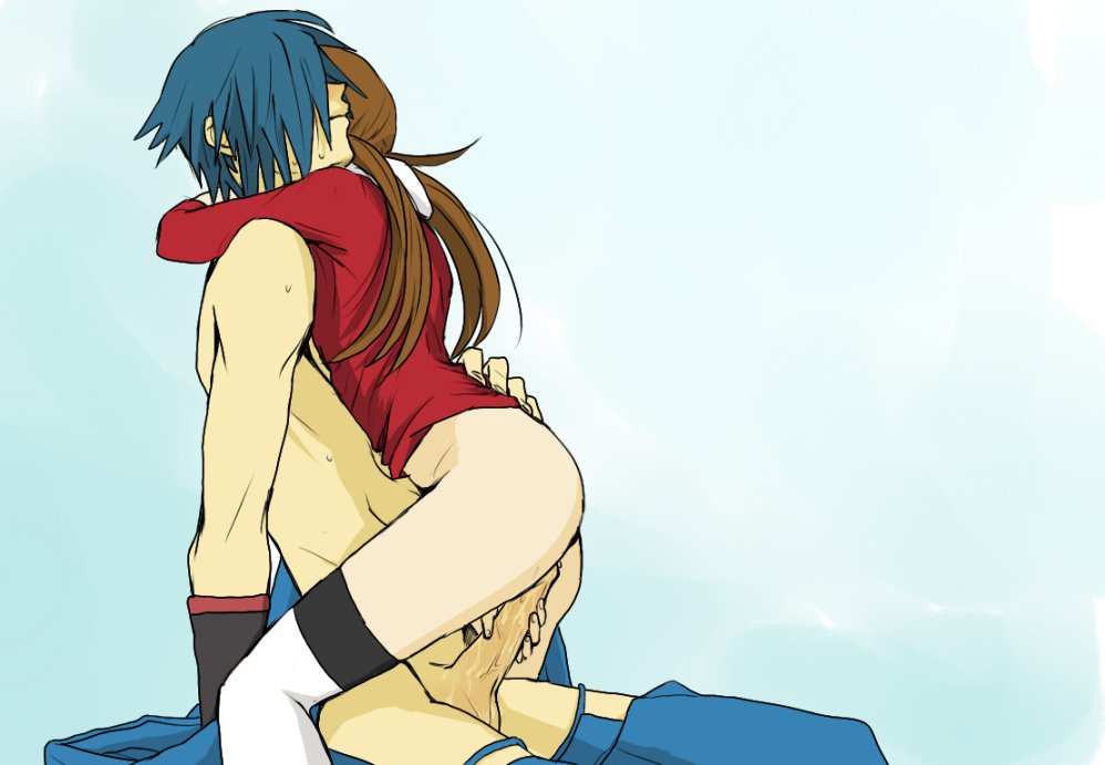 tsurukame (mihomi), falkner (pokemon), lyra (pokemon), nintendo, pokemon, pokemon hgss, bad id, bad pixiv id, 00s, 1boy, 1girl, arms around neck, blue hair, blush, bottomless, breasts, brown hair, femdom, guided penetration, gym leader, hetero, hug, no panties, penis, sex, straddling, sweat, thighhighs, twintails, uncensored, upright straddle, vaginal