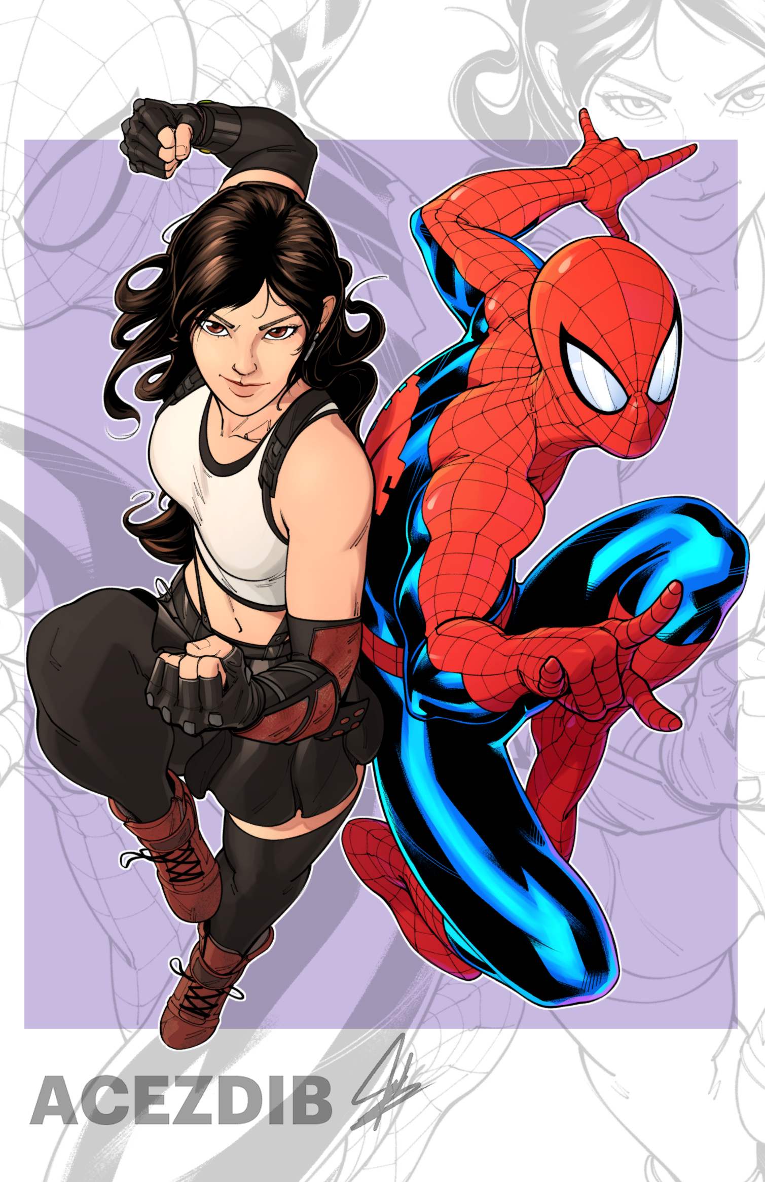 acezdib, spider-man, tifa lockhart, final fantasy, final fantasy vii, marvel, spider-man (series), highres, 1boy, 1girl, bare shoulders, black pants, black sports bra, blue bodysuit, bodysuit, boots, breasts, brown boots, brown hair, crop top, crossover, full body, long hair, medium breasts, navel, pants, purple background, red bodysuit, sports bra, tank top, white tank top, zoom layer