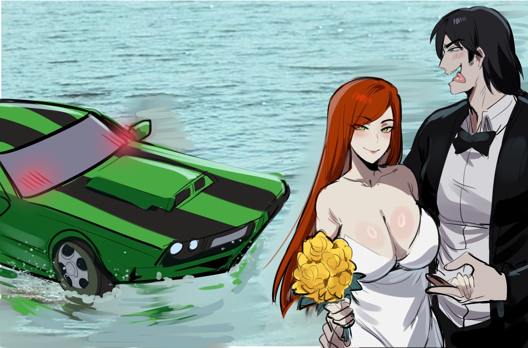 kurenaiz (kuayrenaiz), gwen tennyson, kevin levin, ben 10, ben 10: alien force, ben 10: ultimate alien, highres, 1boy, 1girl, black hair, blush, breasts, car, couple, dress, formal clothes, large breasts, meme, motor vehicle, red hair, sports car, suit, water, wedding dress