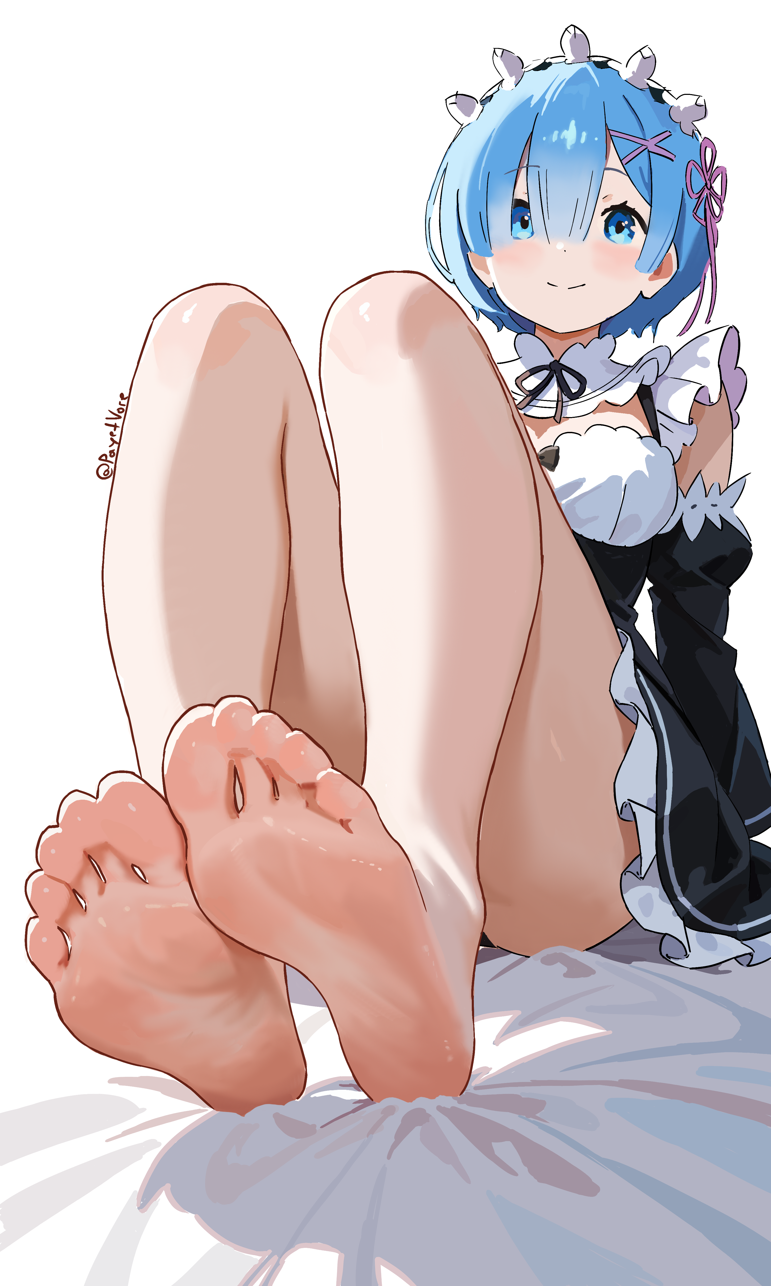 payetvore, rem (re:zero), re:zero kara hajimeru isekai seikatsu, absurdres, commentary, highres, 1girl, bare legs, barefoot, bed sheet, black dress, black ribbon, blue eyes, blue hair, blunt ends, blush, bob cut, closed mouth, convenient leg, dress, feet, foot focus, frilled dress, frills, full body, hair between eyes, hair ornament, knees up, legs, looking at viewer, maid, maid headdress, neck ribbon, ribbon, roswaal mansion maid uniform, shadow, short hair, simple background, sitting, smile, soles, solo, thighs, toes, twitter username, white background, x hair ornament
