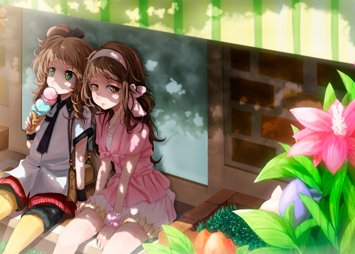 miomio, bad id, bad pixiv id, 2girls, brown eyes, brown hair, dress, eating, flower, food, green eyes, hair ribbon, ice cream, long hair, multiple girls, pantyhose, pantyhose under shorts, ribbon, shorts