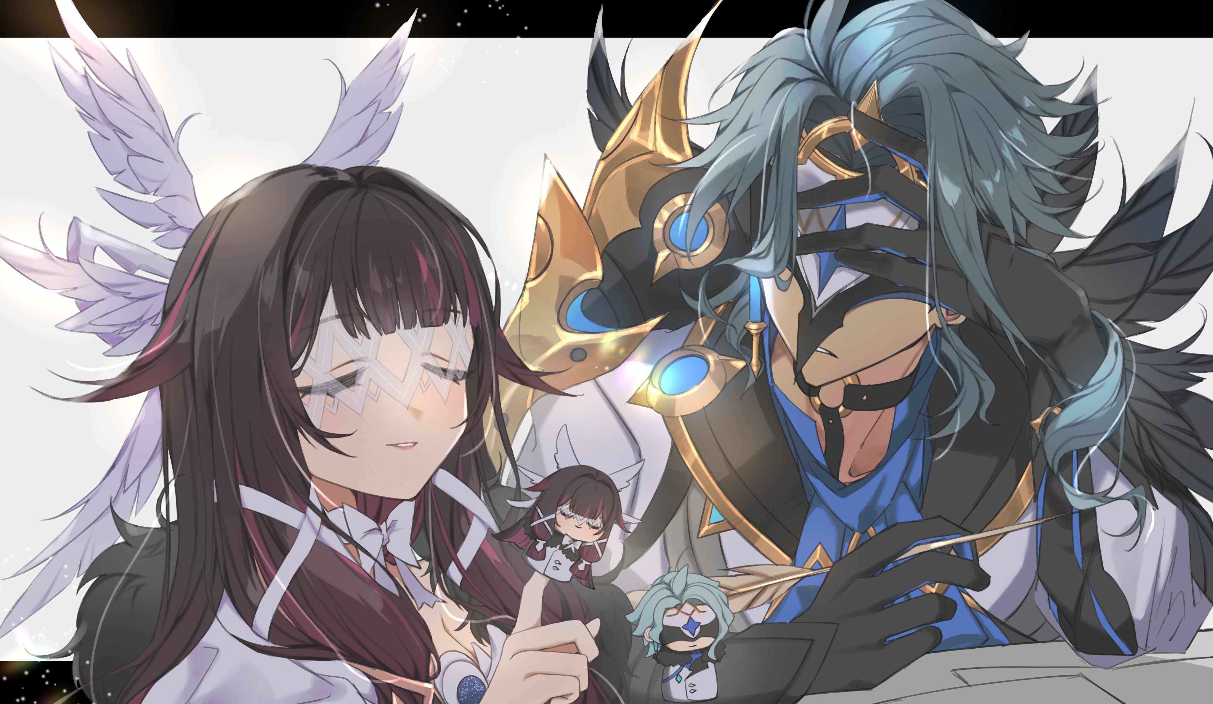 moderate gold, columbina (genshin impact), dottore (genshin impact), genshin impact, absurdres, commentary request, highres, 1boy, 1girl, ascot, black gloves, black hair, blue ascot, blue hair, bow, character doll, closed eyes, coat, covered eyes, doll, earrings, eye mask, feather trim, feathered wings, fur trim, gloves, gradient hair, hair intakes, hair ribbon, hand on own face, head wings, holding, holding quill, jewelry, letterboxed, long hair, long sleeves, mask, multicolored hair, o-ring, outside border, paper, parted lips, quill, red hair, ribbon, single earring, smile, streaked hair, white background, white bow, white coat, white ribbon, white wings, wings