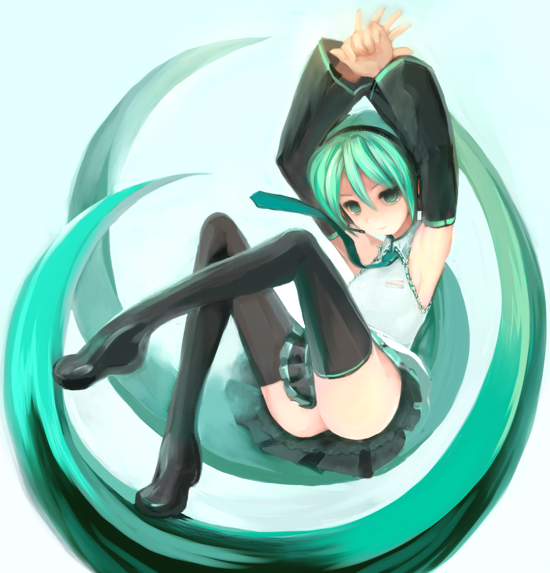 kasutaso, hatsune miku, vocaloid, 1girl, aqua eyes, aqua hair, armpits, arms up, ass, boots, detached sleeves, female focus, headphones, headset, long hair, necktie, no panties, petticoat, ribbon, sitting, skirt, solo, thigh boots, thighhighs, twintails, very long hair, zettai ryouiki