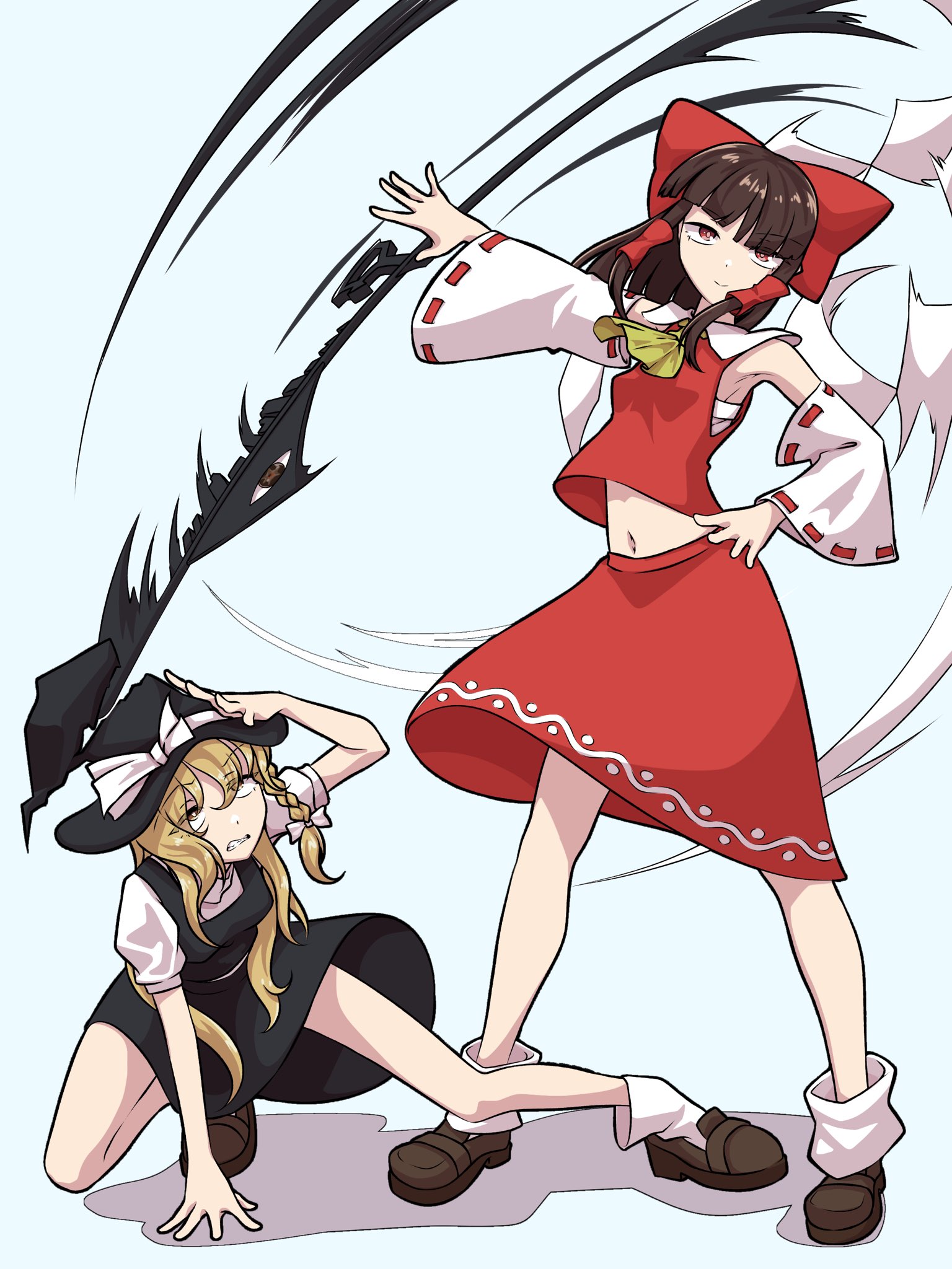 iwoillust, hakurei reimu, kirisame marisa, fossilized wonders, touhou, commentary request, highres, 2girls, ascot, black skirt, black vest, blonde hair, bow, braid, brown hair, brown shoes, collared shirt, contrast collar, detached sleeves, disembodied eye, dodging, full body, gohei, hair bow, hair tubes, hand on ground, hand on own hat, hand on own hip, hat, hat bow, loafers, long hair, midriff, multiple girls, navel, red eyes, red shirt, red skirt, ribbon-trimmed sleeves, ribbon trim, sarashi, shadow, shirt, shoes, short sleeves, simple background, skirt, skirt set, smile, socks, standing, swinging gohei, teeth, torn clothes, torn hat, turtleneck, turtleneck shirt, vest, white background, white bow, white shirt, white socks, witch hat, yellow ascot, yellow eyes