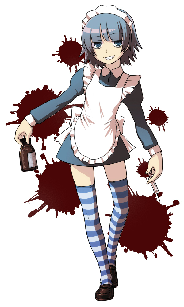 itou yuuji, yakui, futaba channel, nijiura maids, 1girl, drugs, female focus, full body, grin, jitome, maid, purple eyes, purple hair, smile, solo, striped clothes, striped thighhighs, syringe, thighhighs, white background