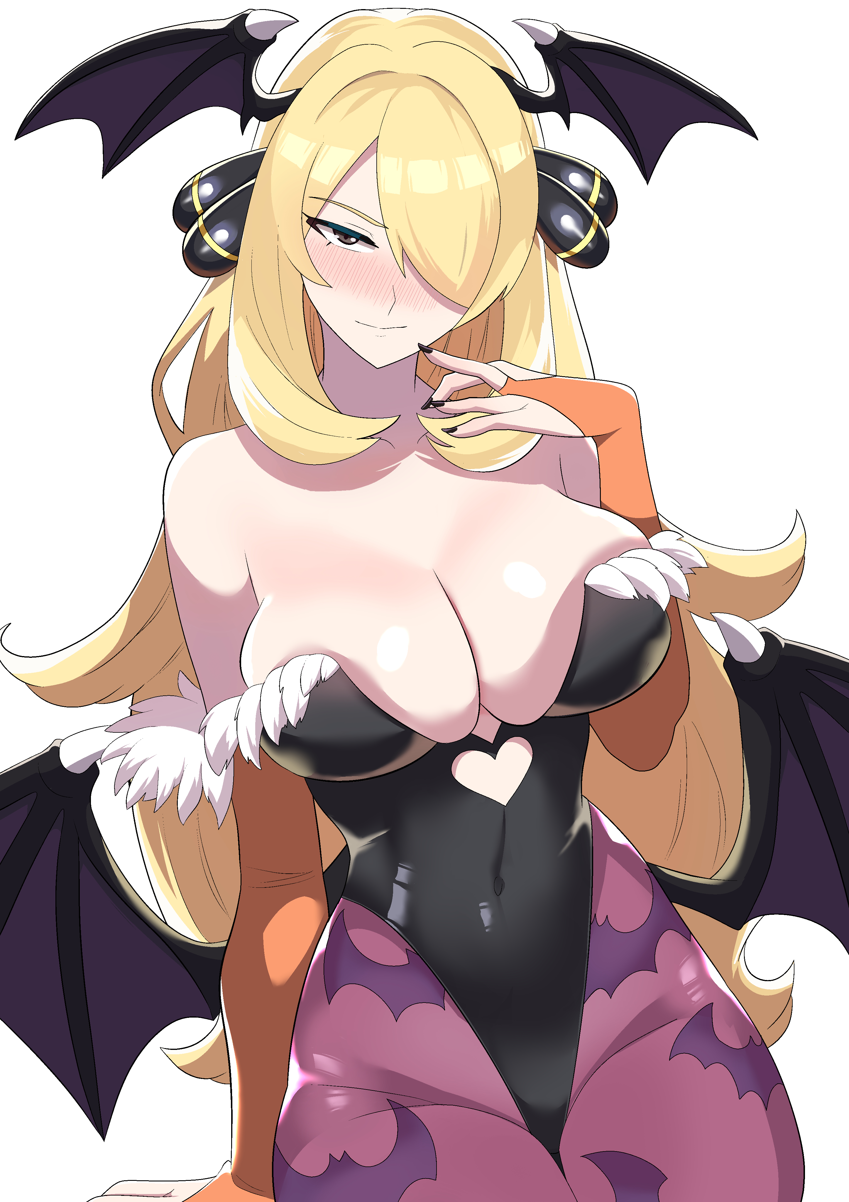 pikumin64, cynthia (pokemon), morrigan aensland, darkstalkers, nintendo, pokemon, pokemon dppt, absurdres, commentary request, commission, highres, skeb commission, 1girl, animal print, arm support, bat print, bat wings, black leotard, black nails, blonde hair, blush, breasts, bridal gauntlets, cleavage, clothing cutout, cosplay, covered navel, cowboy shot, fur trim, grey eyes, hair ornament, hair over one eye, hand up, head wings, heart cutout, highleg, highleg leotard, leotard, long hair, looking at viewer, low wings, morrigan aensland (cosplay), nail polish, orange bridal gauntlets, pantyhose, purple pantyhose, simple background, solo, sweat, white background, wings