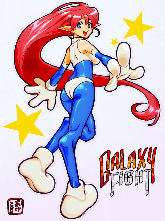 okeko, roomi, galaxy fight, 1girl, ass, bikini over clothes, blue bodysuit, bodysuit, english text, full body, gloves, hair between eyes, happy, long hair, long pointy ears, looking back, one-piece swimsuit, open mouth, panties over bodysuit, paw shoes, pointy ears, red hair, shoes, signature, skin tight, solo, spandex, star (symbol), swimsuit, title, turtleneck, turtleneck one-piece swimsuit, very long hair, white background, white gloves, white shoes