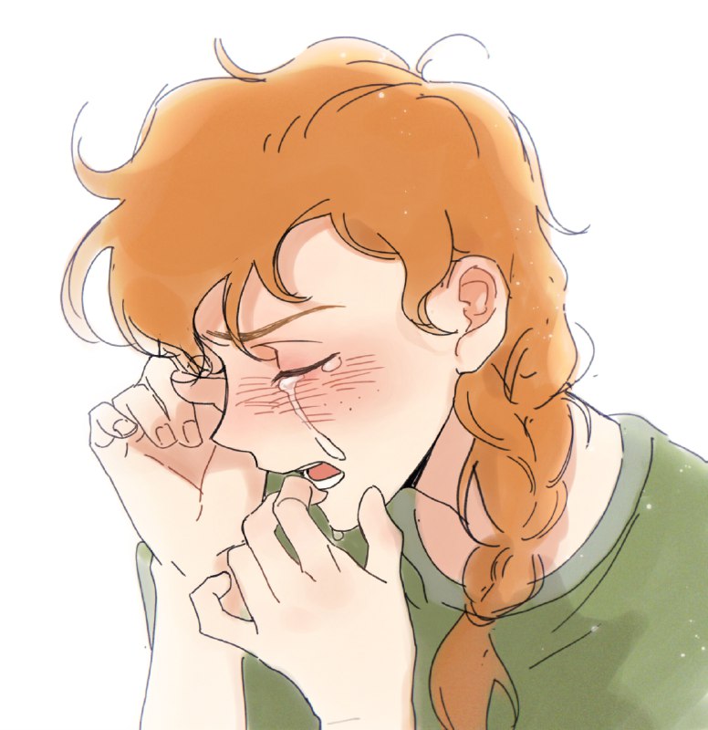 yy20251111, 1girl, blush, braid, closed eyes, crying, elisa douchnov, fingernails, freckles, full-face blush, green shirt, hair over shoulder, my student spirit, open mouth, orange hair, shirt, simple background, single braid, sketch, solo, teardrop, tears, teeth, upper body, white background