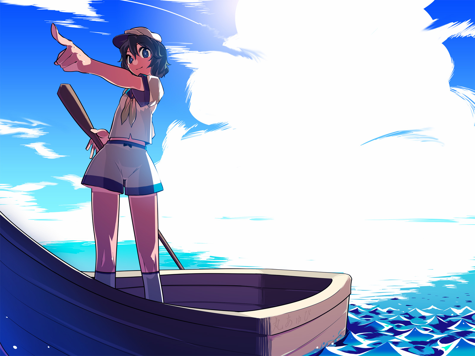 tsuru (artist), tsuru (clainman), murasa minamitsu, touhou, bad id, bad pixiv id, highres, 1girl, black hair, blue eyes, blue hair, boat, female focus, foreshortening, matching hair/eyes, oar, ocean, on boat, pointing, sailor, short hair, shorts, smile, solo, standing, water, watercraft