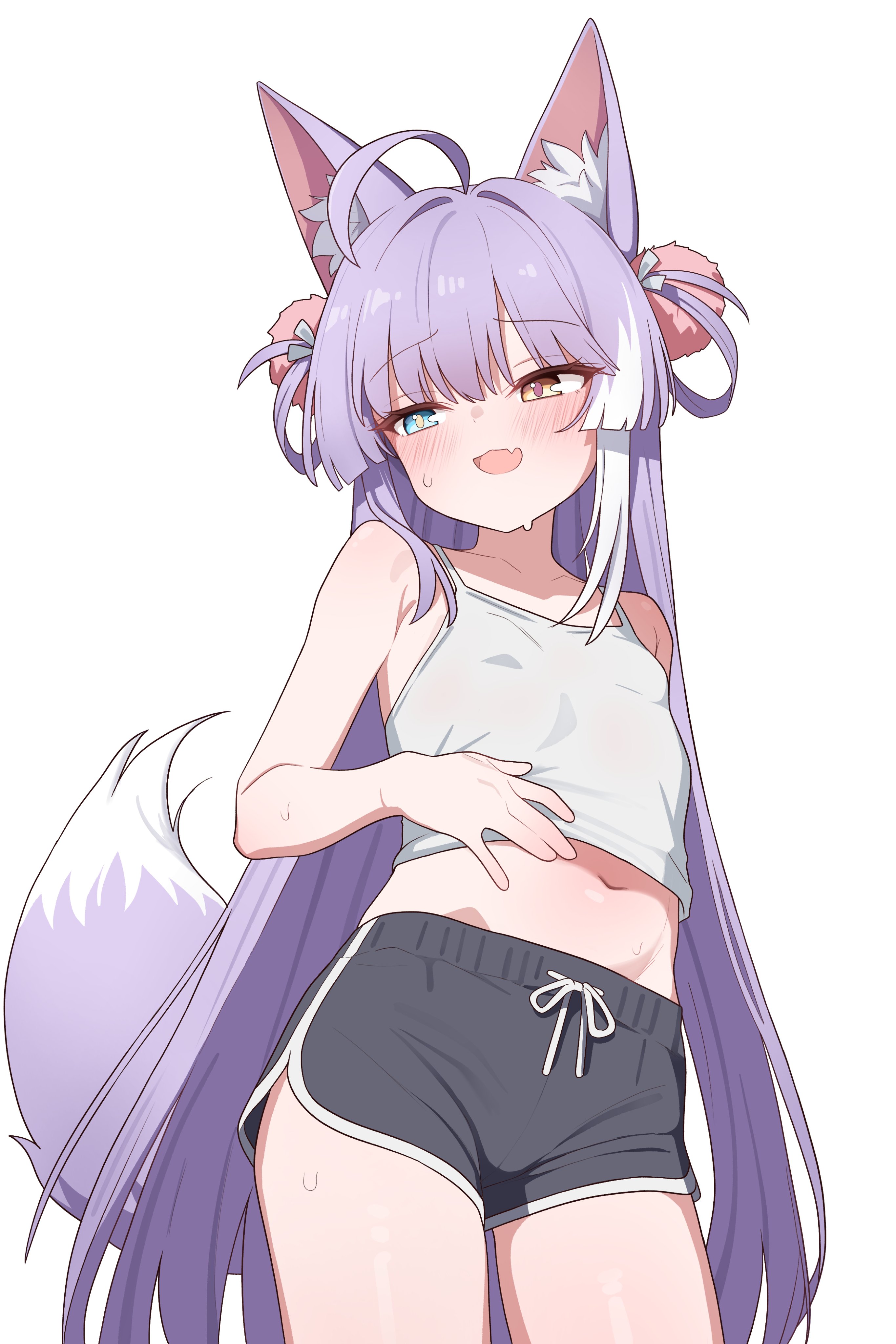 saho 4545, tenko shibuki, stellive, absurdres, commentary request, highres, korean commentary, 1girl, ahoge, animal ear fluff, animal ears, black shorts, blue eyes, blush, camisole, cowboy shot, crop top, dolphin shorts, fang, fox ears, fox tail, hair intakes, hair ornament, hair rings, hand up, heterochromia, long hair, midriff, multicolored hair, navel, open mouth, pom pom (clothes), pom pom hair ornament, purple hair, short shorts, shorts, skin fang, solo, spaghetti strap, standing, straight hair, streaked hair, sweat, tail, very long hair, virtual youtuber, white camisole, wispy bangs, yellow eyes