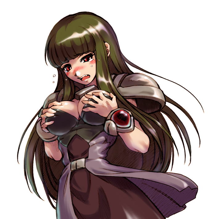 hisahiko, ouka nagisa, banpresto, super robot wars, super robot wars original generation, breasts, cleavage, grabbing another's breast, green hair, groping, red eyes