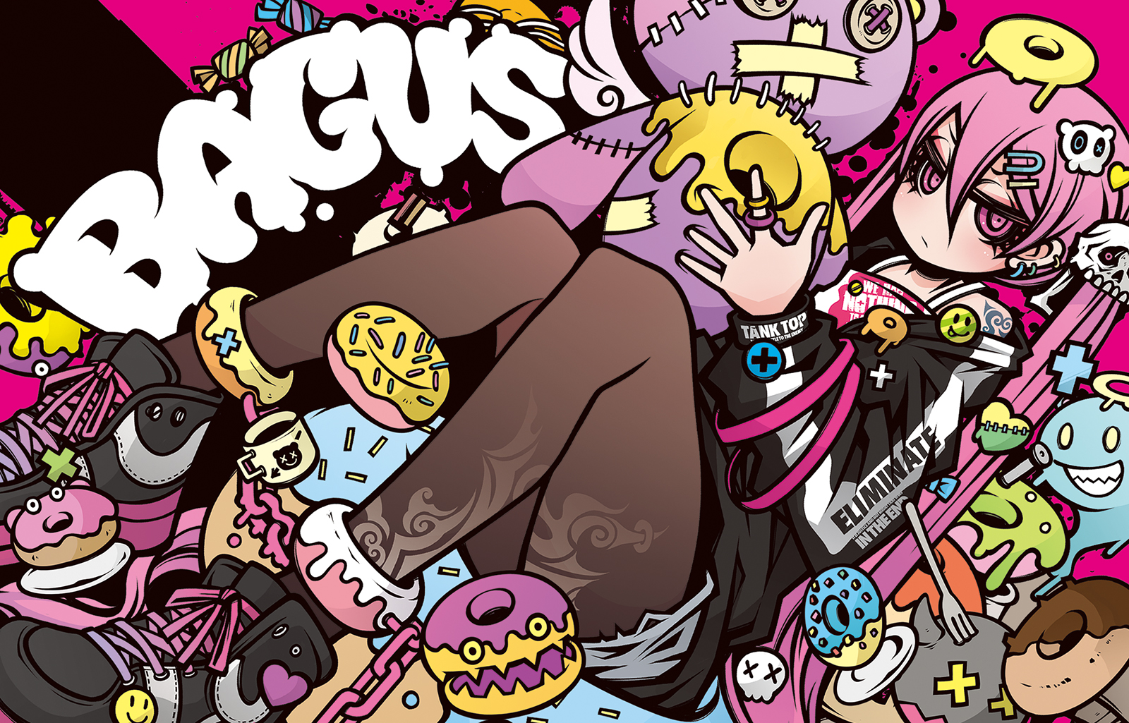 project.c.k., original, commentary request, highres, 1girl, absurdly detailed composition, arrow hair ornament, chain, dart, decora, doll hair ornament, donut, english text, engrish text, food, gyaru, lock, padlock, punk, ranguage, road, rokku gyaru, shoes, sneakers, street, streetwear, tattoo, twintails