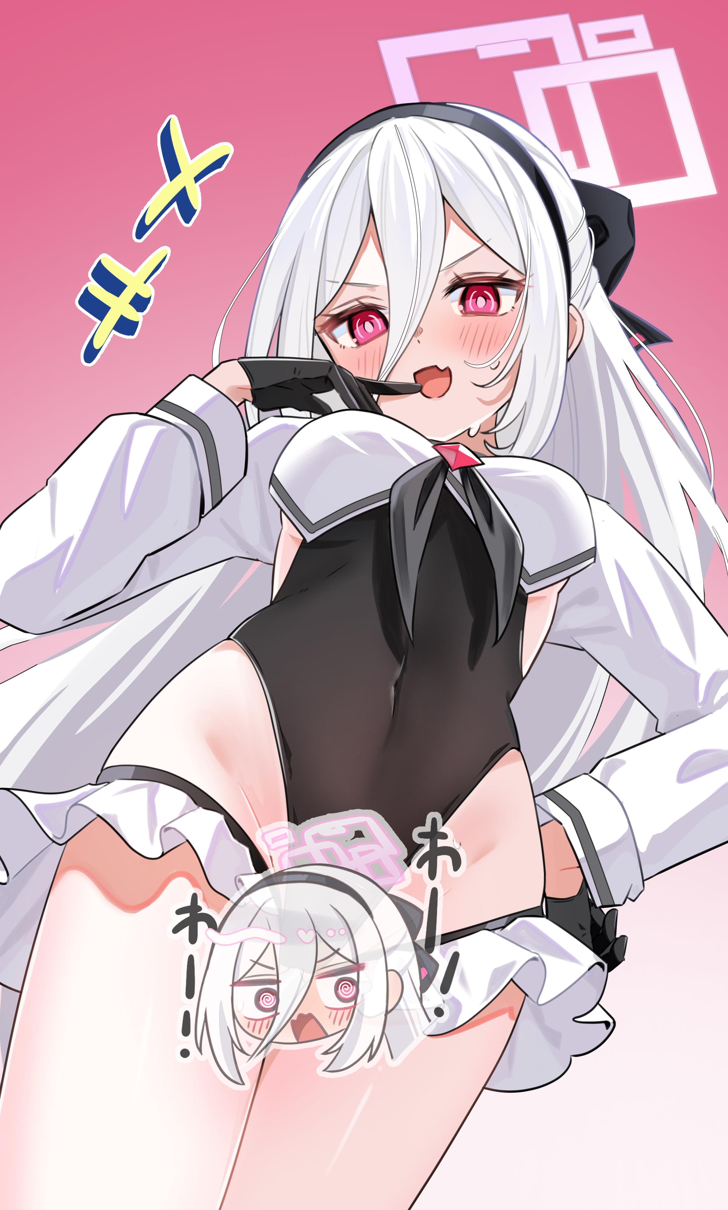 papiko (mochipapiko), kei (blue archive), kei (new body) (blue archive), shimiko (blue archive), shimiko (magical) (blue archive), blue archive, absurdres, commentary request, highres, +++, 1girl, :d, @ @, black bow, black gloves, black leotard, black neckerchief, blush, bow, breasts, bright pupils, censored, cosplay, covered navel, cowboy shot, double-parted bangs, dutch angle, embarrassed, fang, frilled thigh strap, from below, gloves, gradient background, groin, hair between eyes, hair bow, half updo, halo, hand on own hip, hand up, highleg, highleg leotard, laughing, leotard, long hair, long hair between eyes, long sleeves, looking at viewer, neckerchief, novelty censor, ojou-sama pose, open mouth, pink background, pink halo, rectangular halo, red eyes, ringed eyes, shimiko (blue archive) (cosplay), shrug (clothing), sidelocks, simple background, skin fang, small breasts, smile, solo, straight hair, sweat, thigh strap, thighs, underboob, v-shaped eyebrows, very long hair, wavy mouth, white hair, white pupils, white shrug, wide-eyed