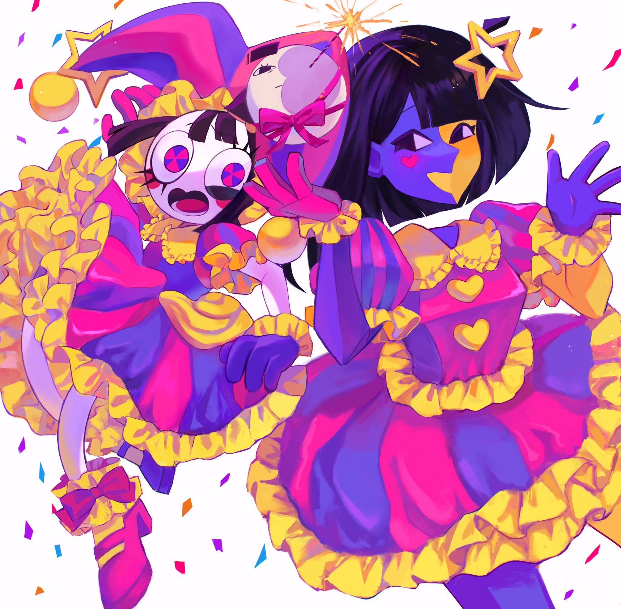 usagimarumei, ena (ena), moony (ena), pomni (the amazing digital circus), sad ena, ena (series), ena (web series), the amazing digital circus, highres, 3girls, alternate costume, black eyes, black hair, blue skin, blunt bangs, blunt ends, bob cut, bow, colored skin, confetti, crossover, dress, ena (species), eyelashes, fireworks, floating head, gloves, hair ornament, hat, heart, jester cap, lizzie freeman, lolita fashion, low poly, matching outfits, multicolored skin, multiple girls, open mouth, puffy short sleeves, puffy sleeves, shoes, short sleeves, simple background, smile, sparkler, split-color skin, star (symbol), star hair ornament, two-tone skin, voice actor connection, yellow skin