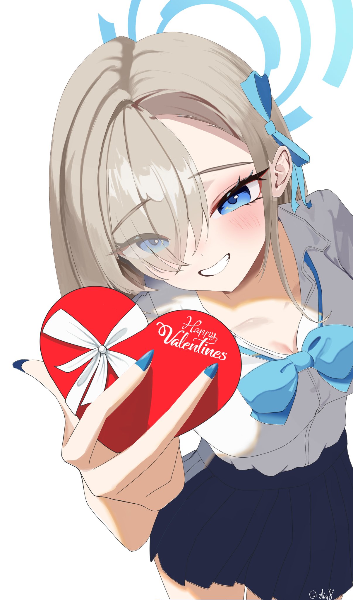 asuna (blue archive), asuna (school uniform) (blue archive), blue archive, commentary request, highres, korean commentary, 1girl, asymmetrical bangs, blonde hair, blue bow, blue bowtie, blue eyes, blue hair, blue nails, blue ribbon, blue skirt, blush, bow, bowtie, box, breasts, cleavage, collared shirt, cowboy shot, eyes visible through hair, fingernails, from above, grin, hair over one eye, hair ribbon, hand up, happy valentine, heart-shaped box, holding, holding box, large breasts, long bangs, long fingernails, long hair, loose bowtie, nail polish, negi (bagchan27792061), official alternate costume, pleated skirt, raised eyebrows, ribbon, shirt, shirt tucked in, simple background, skirt, smile, solo, straight hair, twitter username, valentine, white background, white shirt, wing collar
