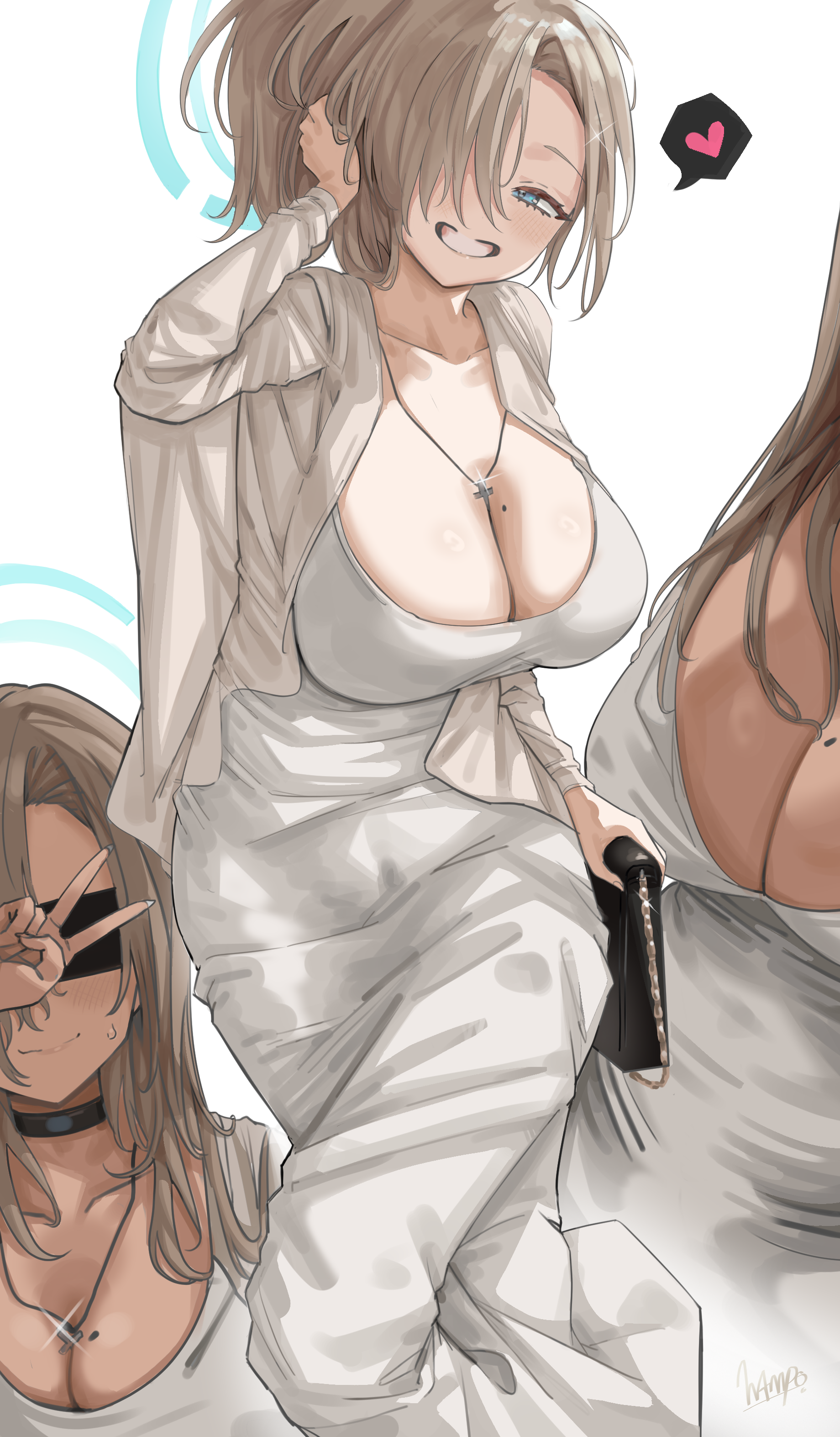 hampo1219, asuna (blue archive), blue archive, absurdres, highres, 1girl, bag, blindfold, blonde hair, blue eyes, blue halo, breasts, cleavage, collarbone, dongtan dress, dress, grin, hair over one eye, halo, handbag, jacket, large breasts, long hair, looking at viewer, mole, mole on breast, open clothes, open jacket, smile, solo, white dress, white jacket