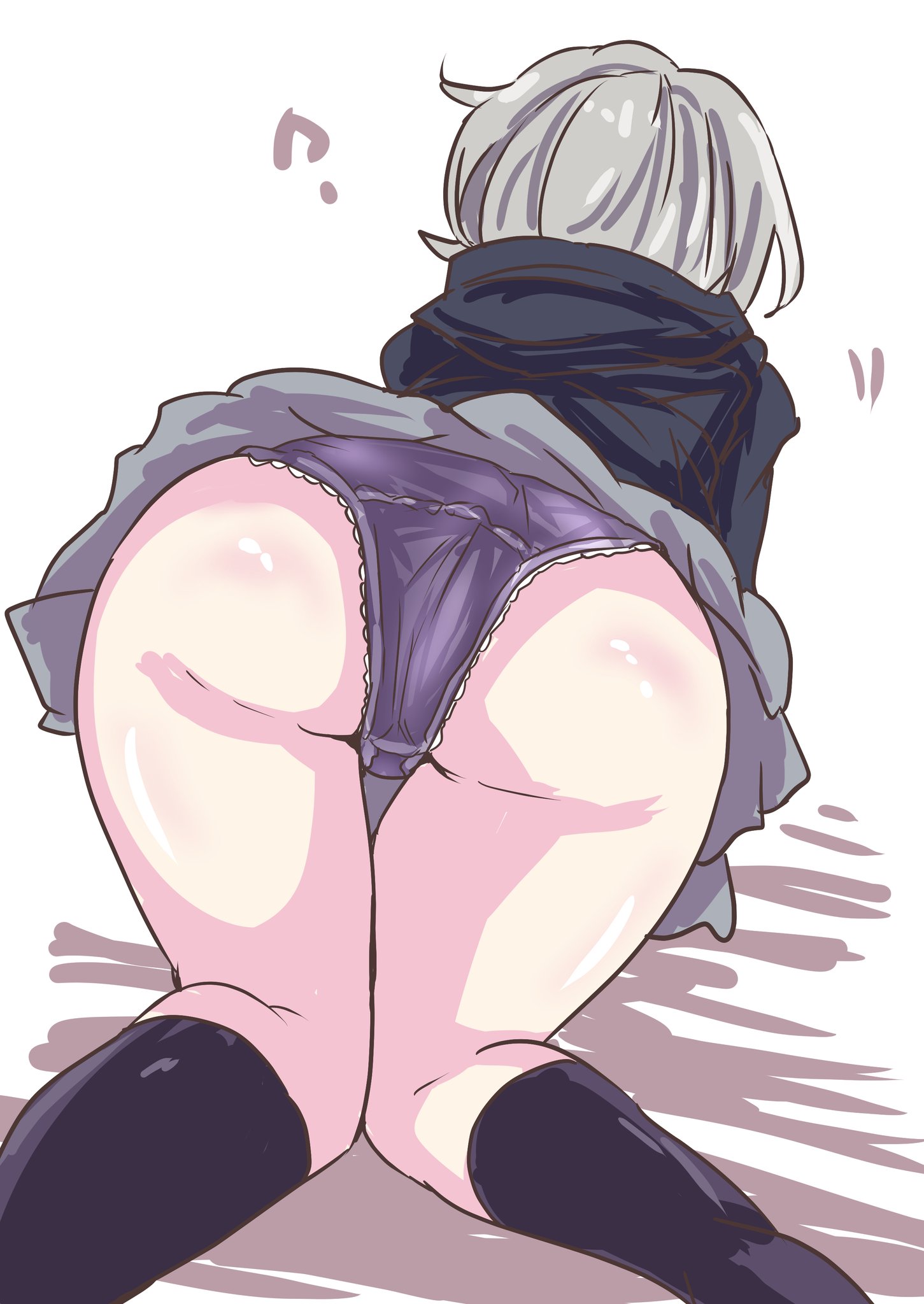 ajinohi, hinomori shiho, project sekai, commentary request, highres, 1girl, ?, all fours, ass, ass focus, black hoodie, black socks, facing away, feet out of frame, from behind, grey hair, grey skirt, hood, hood down, hoodie, kneehighs, panties, pantyshot, pleated skirt, purple panties, school uniform, short hair, simple background, skirt, skirt flip, socks, solo, thighs, underwear, white background