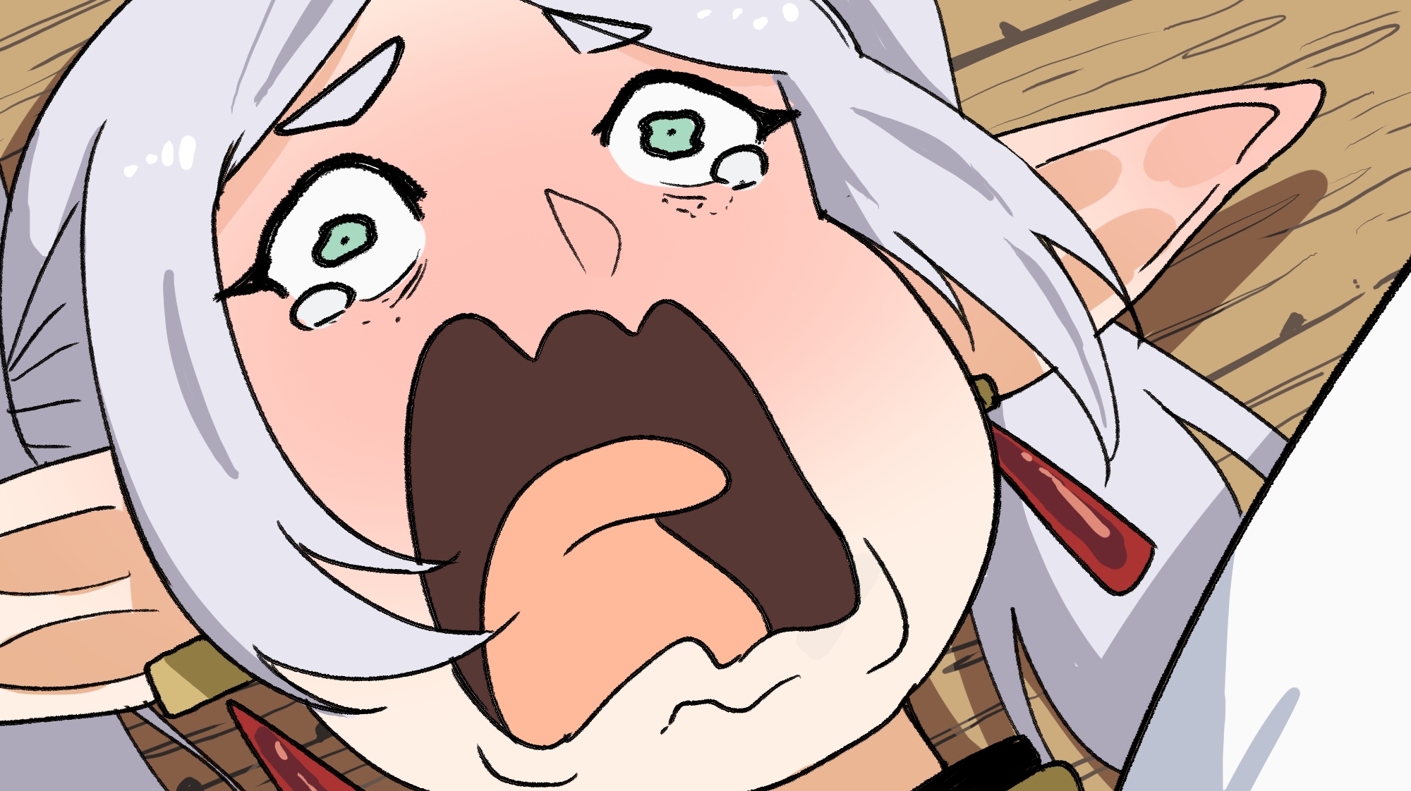 wanderjegson, frieren, sousou no frieren, commentary, english commentary, highres, 1girl, crying aqua (meme), earrings, elf, frieren's three-day tantrum, grey hair, jewelry, long hair, long pointy ears, lying, meme, on back, open mouth, pointy ears, portrait, scene reference, short eyebrows, solo, teardrop earrings, tearing up, thick eyebrows, tongue, tongue out, twintails, wide-eyed, wooden floor