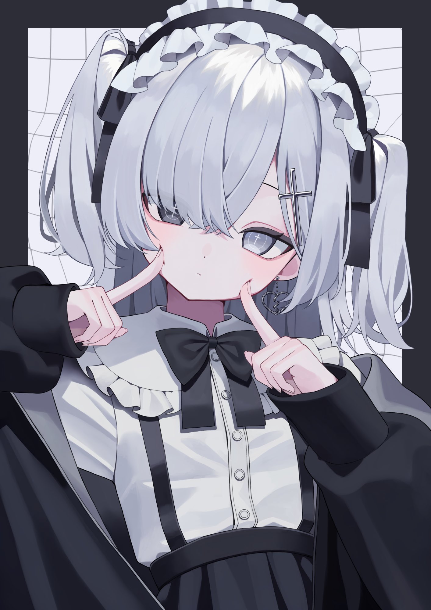 squallea, original, commentary request, highres, + +, 1girl, black border, black bow, black jacket, black ribbon, black skirt, border, bow, bowtie, broken heart earrings, buttons, cheek poking, closed mouth, collared shirt, cross hair ornament, crossed bangs, dress shirt, earrings, eyeliner, eyes visible through hair, frilled hairband, frilled shirt collar, frills, grey eyes, grey hair, grid background, hair bow, hair ornament, hair over one eye, hairband, head tilt, heterochromia, jacket, jewelry, long hair, long sleeves, looking at viewer, makeup, multiple hair bows, open clothes, open jacket, oversized jacket, pleated skirt, poking, ribbon, round collar, shirt, sidelocks, single earring, skirt, sleeves past wrists, solo, suspenders, swept bangs, symbol-shaped pupils, two side up, upper body, white shirt