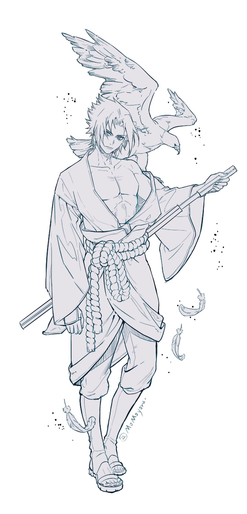 momoyoru1, uchiha sasuke, naruto (series), naruto shippuuden, commentary, highres, 1boy, abs, animal, animal on shoulder, bird, curtained hair, falling feathers, feathers, full body, greyscale, hawk, looking at viewer, male focus, monochrome, pectorals, rope belt, short hair, simple background, single bare shoulder, single off shoulder, solo, standing, toned, toned male, twitter username, white background