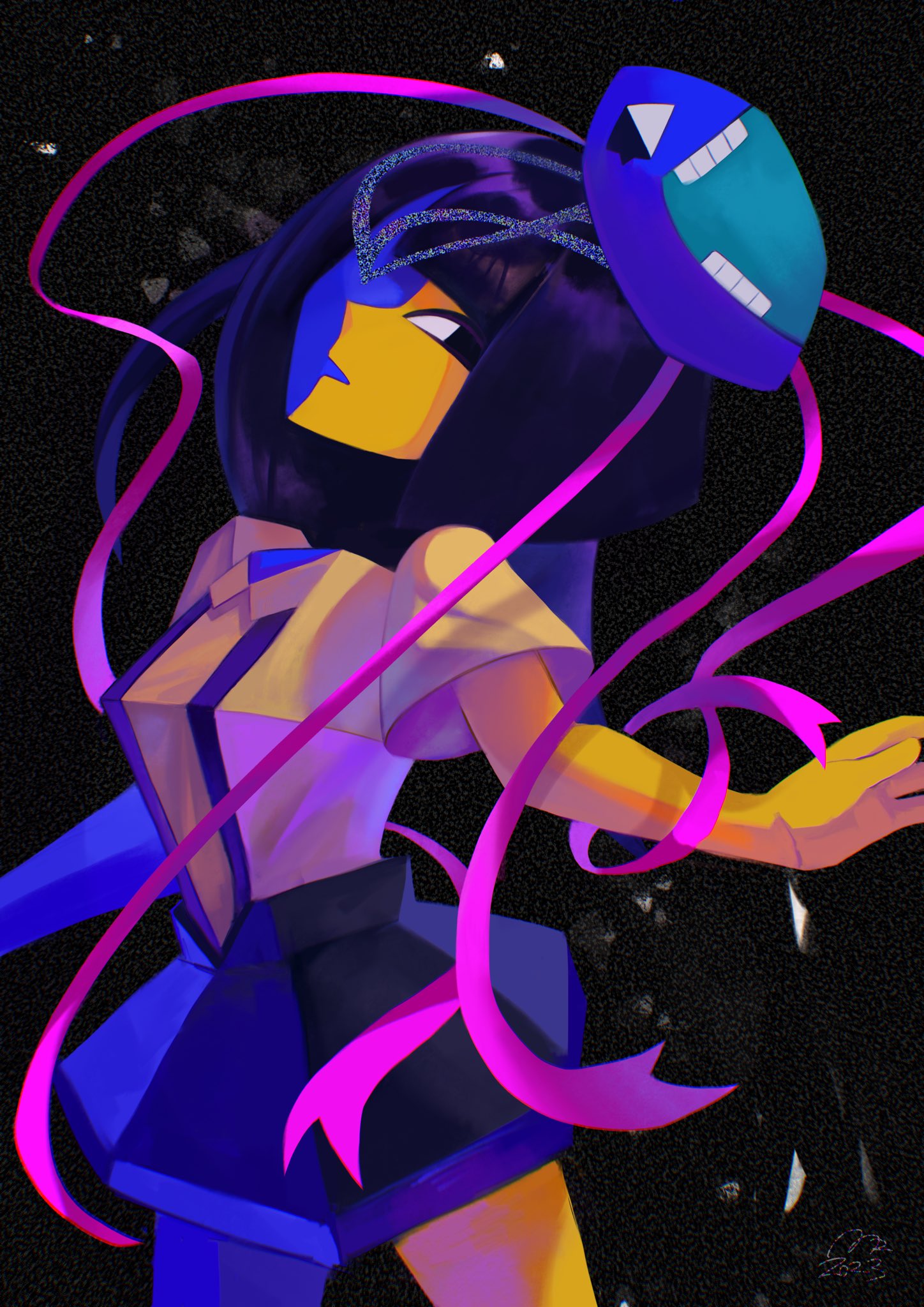 usagimarumei, ena (ena), happy ena, ena (series), ena (web series), commentary, highres, symbol-only commentary, 1girl, black eyes, blue skin, blunt bangs, colored skin, cubism, ena (species), floating head, low poly, mask, mask (ena), multicolored skin, ribbon, shirt, short sleeves, skirt, smile, solo, split-color skin, suspender skirt, suspenders, two-tone skin, yellow skin