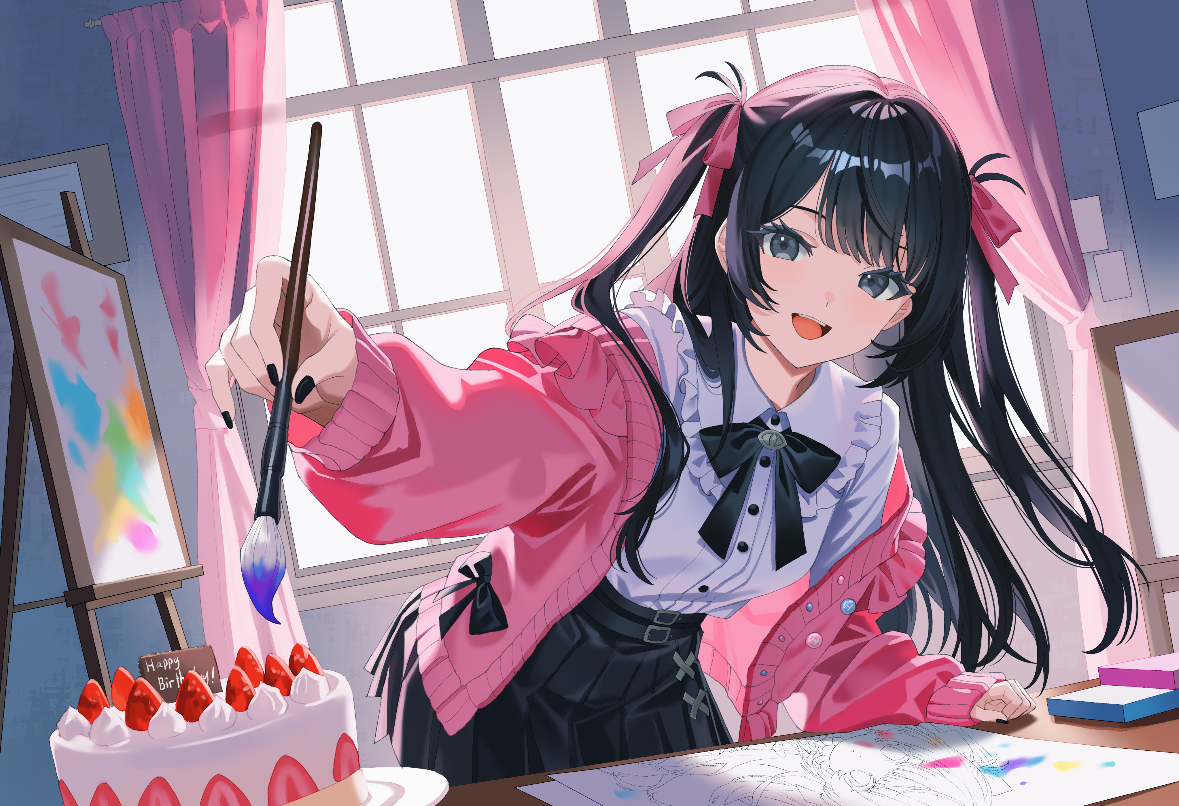 altalune, original, absurdres, commentary request, highres, 1girl, :d, artist self-insert, backlighting, belt, birthday, birthday cake, black belt, black bow, black bowtie, black hair, black nails, black skirt, blunt bangs, bow, bowtie, buttons, cake, cardigan, cardigan partially removed, clenched hand, cowboy shot, curtains, day, dutch angle, eyelashes, food, frilled shirt collar, frills, fruit, grey eyes, hair bow, hair over shoulder, hand up, happy, happy birthday, holding, holding brush, indoors, jirai kei, leaning forward, long hair, looking at viewer, nail polish, open cardigan, open clothes, open mouth, paper, pink bow, pink cardigan, pleated skirt, shirt, sidelocks, skirt, sleeves past wrists, smile, solo, straight hair, strawberry, teeth, two side up, upper teeth only, very long hair, white shirt, window
