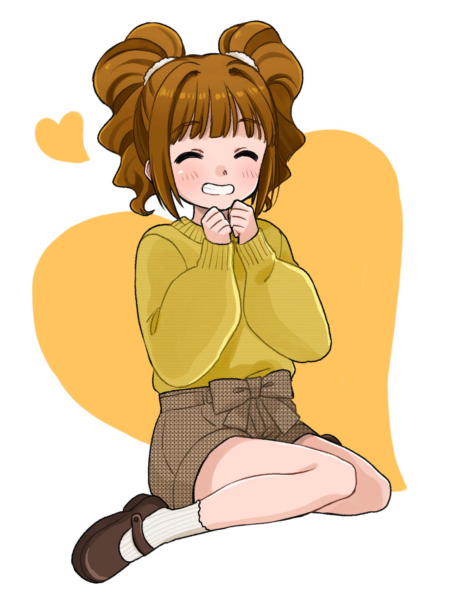 naruse ill, takatsuki yayoi, idolmaster, idolmaster (classic), commentary request, highres, 1girl, belt, belt bow, bow, brown belt, brown bow, brown hair, brown shoes, closed eyes, grin, hands up, mary janes, shoes, shorts, simple background, sitting, smile, socks, solo, sweater, twintails, wariza, white socks, yellow sweater