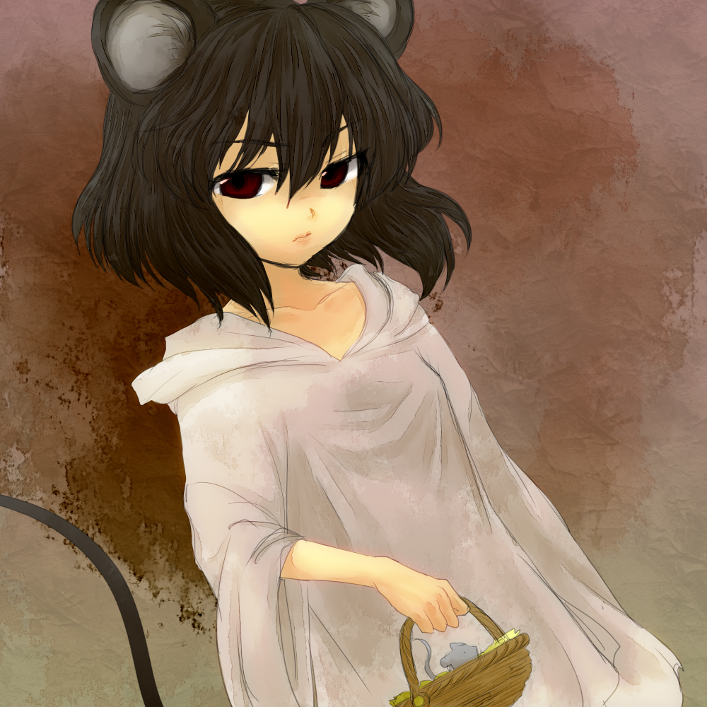 shimo (seamoss), nazrin, touhou, bad id, bad pixiv id, 1girl, alternate costume, alternate hair color, animal ears, basket, black hair, female focus, grey hair, mouse (animal), mouse ears, mouse tail, red eyes, short hair, sketch, solo, tail