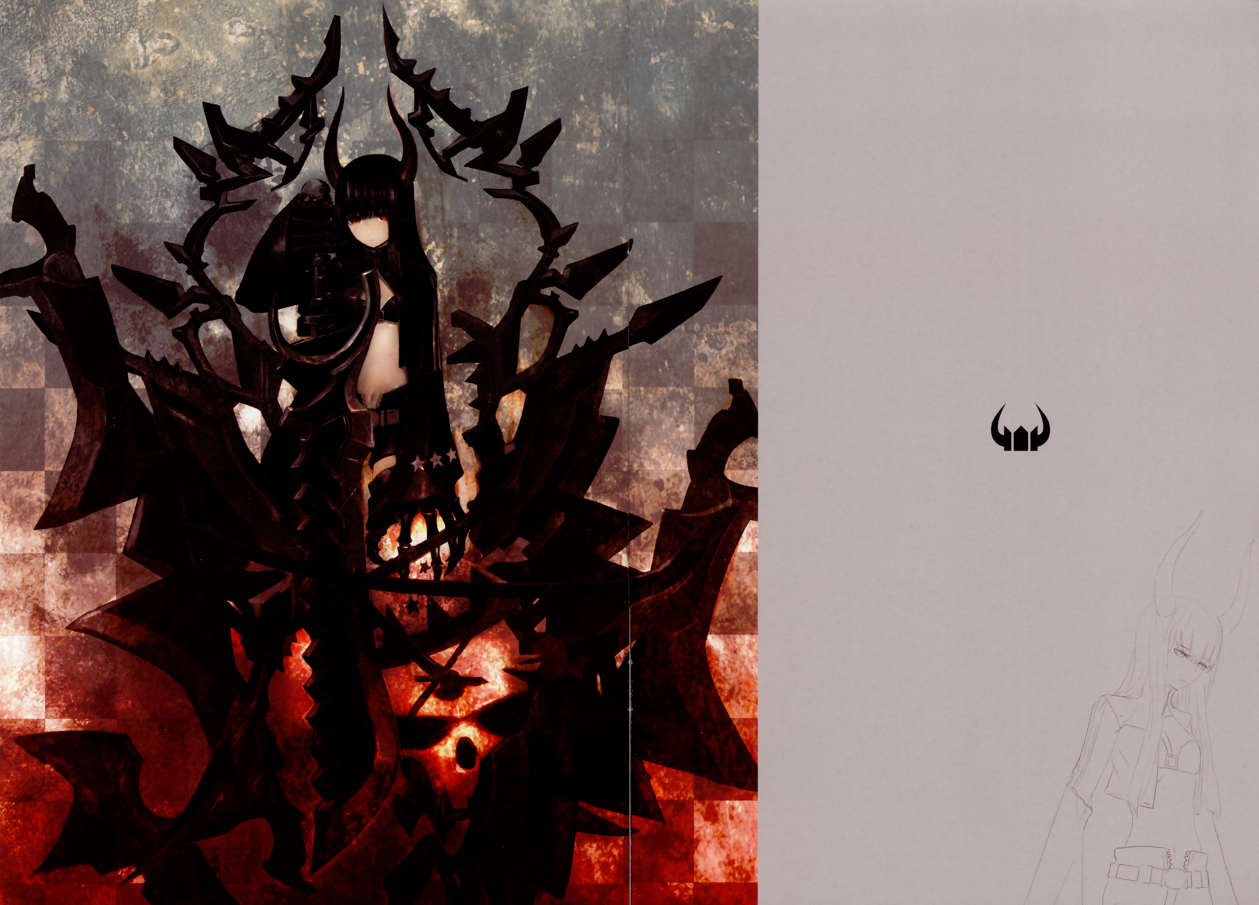 huke, black gold saw, king saw, black rock shooter, absurdres, highres, scan, 10s, 1girl, bikini, bikini top only, black bikini, black hair, female focus, horns, long hair, red eyes, solo, swimsuit, sword, weapon