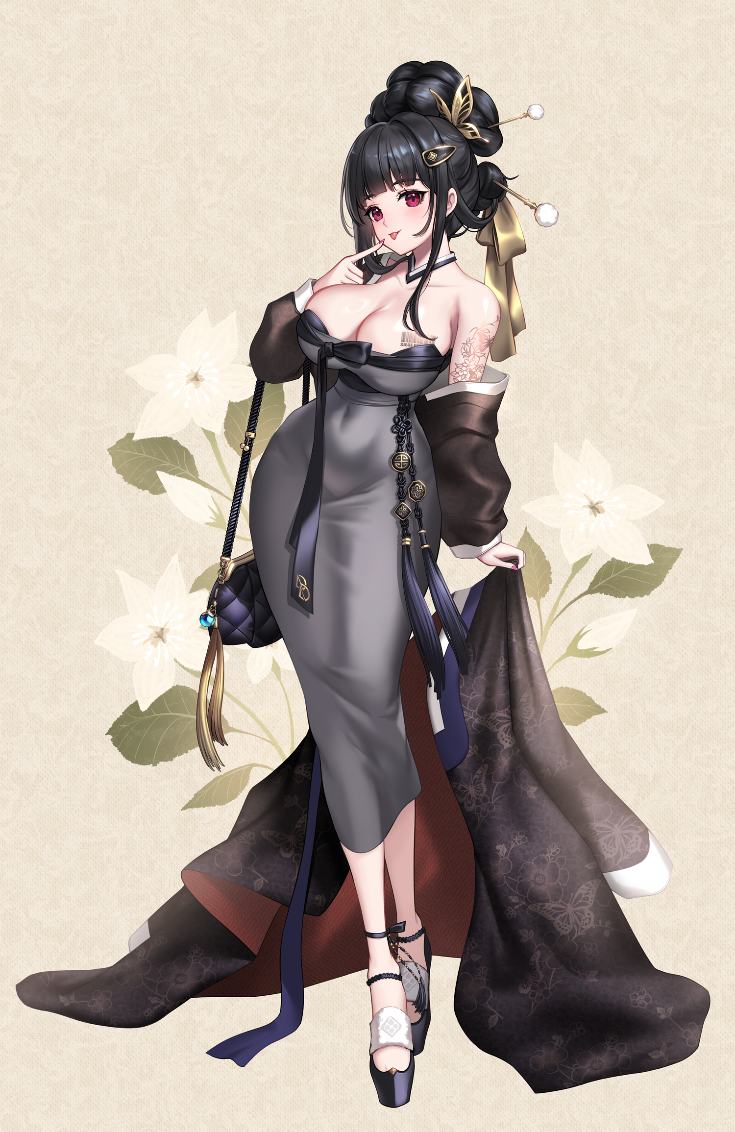 trhisell, d (killer wife) (nikke), d (nikke), goddess of victory: nikke, commentary, commentary request, english commentary, highres, korean commentary, mixed-language commentary, 1girl, arm tattoo, barcode, barcode tattoo, breast tattoo, breasts, butterfly tattoo, collarbone, dongtan dress, dress, floral print, full body, grey dress, hanbok, korean clothes, large breasts, off shoulder, official alternate costume, pencil dress, solo, tattoo, tongue, tongue out