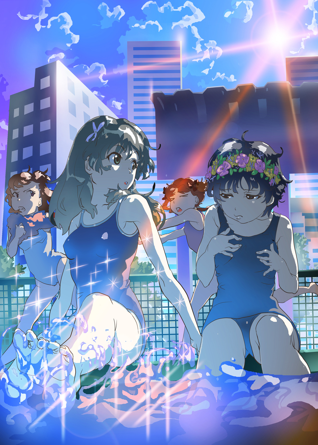 tashiromotoi, misaka mikoto, saten ruiko, shirai kuroko, uiharu kazari, toaru kagaku no railgun, toaru majutsu no index, highres, 4girls, barefoot, black hair, blue eyes, breast envy, breasts, brown eyes, brown hair, building, chasing, closed eyes, feet, flower, foot focus, green eyes, hair flower, hair ornament, hair ribbon, head wreath, lens flare, light rays, long hair, looking at breasts, multiple girls, one-piece swimsuit, outdoors, pool, poolside, pout, ribbon, running, school swimsuit, short hair, sitting, skyscraper, soaking feet, sparkle, splashing, sun, sunbeam, sunlight, swimsuit, twintails, water