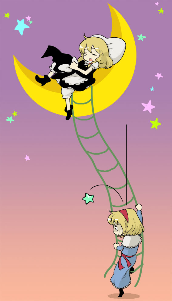 eeyasu, alice margatroid, kirisame marisa, touhou, 2girls, blonde hair, crescent moon, dress, female focus, gradient background, hairband, hat, ladder, moon, multiple girls, on crescent, outdoors, short hair, sky, sleeping, star (symbol), witch, witch hat