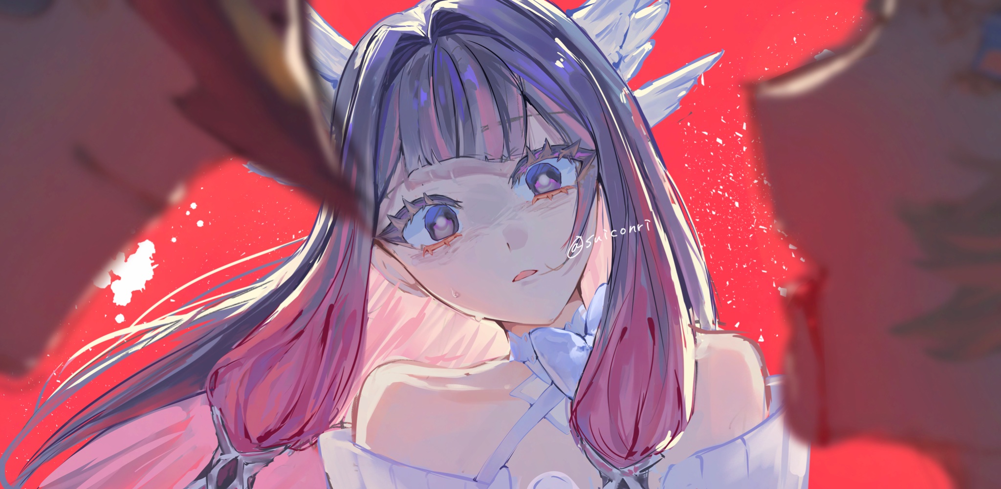 kurose sui, columbina (genshin impact), dottore (genshin impact), sandrone (genshin impact), genshin impact, commentary request, highres, spoilers, 1boy, 2girls, bare shoulders, blood, blood from mouth, bow, closed mouth, colored eyelashes, colored inner hair, dress, floating hair, gradient hair, hair intakes, head wings, long hair, looking at another, multicolored hair, multiple girls, open mouth, pink hair, purple eyes, purple hair, red background, twitter username, white bow, white dress, white wings, wings