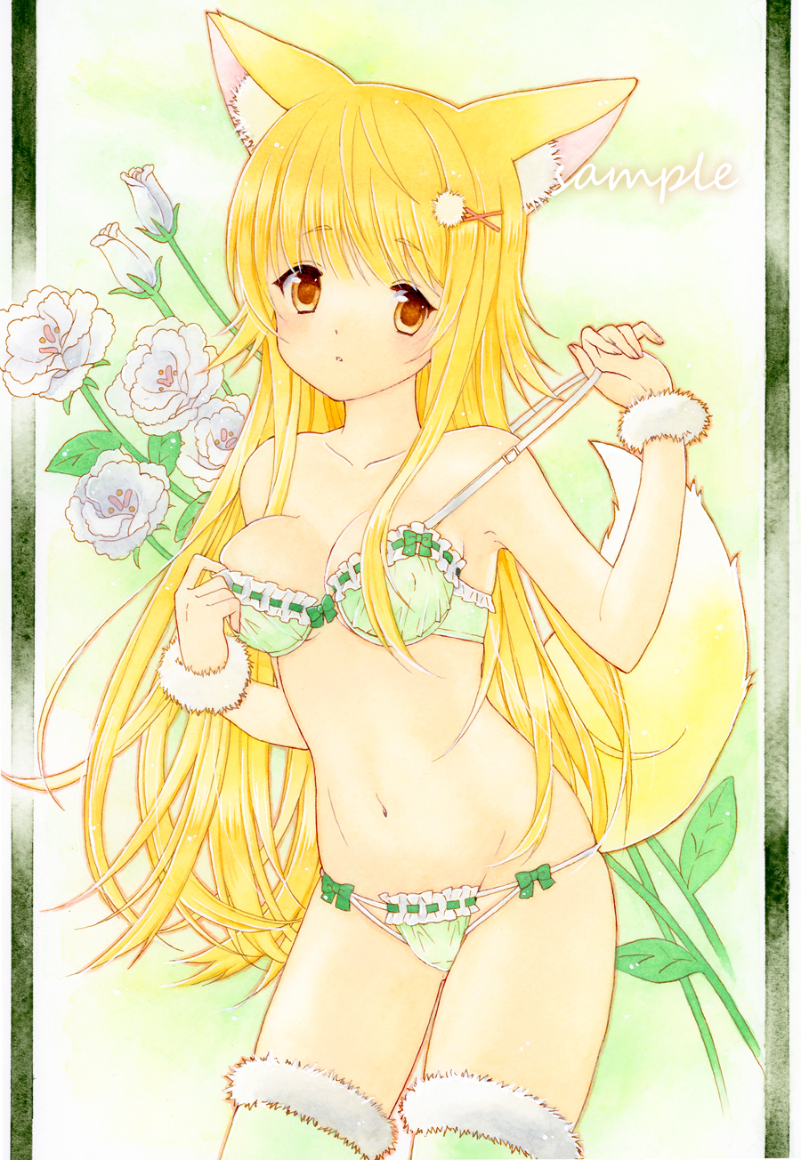 original, commentary request, highres, marker (medium), traditional media, 1girl, animal ear fluff, animal ears, blonde hair, bow, bow bra, bow panties, bra, breasts, colorful, cowboy shot, flower, fox ears, fox girl, frilled bra, frilled panties, frills, green background, green bra, green panties, hair ornament, hands up, long hair, looking at viewer, medium breasts, navel, orange eyes, panties, parted lips, pom pom (clothes), pom pom hair ornament, rose, solo, standing, stomach, strap pull, string panties, tulip, underwear, underwear only, undressing, very long hair, white flower, white rose, white tulip, wispy bangs, x hair ornament, yukinoko ac