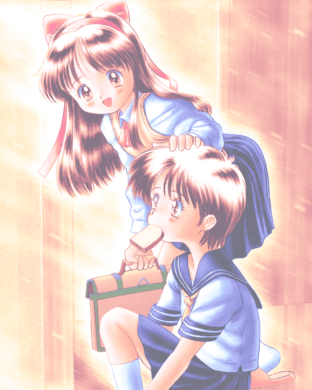 goto p, original, bad id, 2girls, black hair, blue sailor collar, blue skirt, bow, bread, bread slice, briefcase, brown eyes, brown hair, brown sweater vest, collared shirt, food, food in mouth, genkan, hair bow, hairband, headpat, holding, holding briefcase, leaning forward, long hair, looking at another, mouth hold, multiple girls, open mouth, pink slippers, red bow, red hairband, sailor collar, school briefcase, school uniform, serafuku, shirt, short hair, sitting, skirt, slippers, smile, socks, standing, sweater vest, toast, toast in mouth, white skirt, white socks