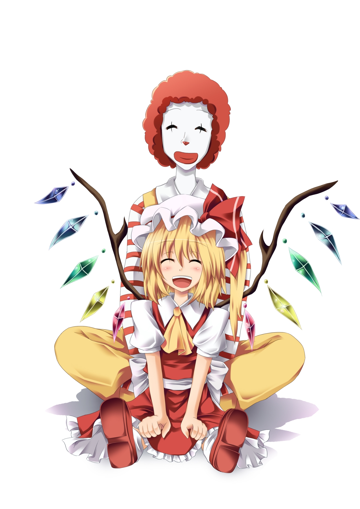 roshin, flandre scarlet, ronald mcdonald, mcdonald's, touhou, highres, 1boy, 1girl, blonde hair, crossover, short hair, smile, wings