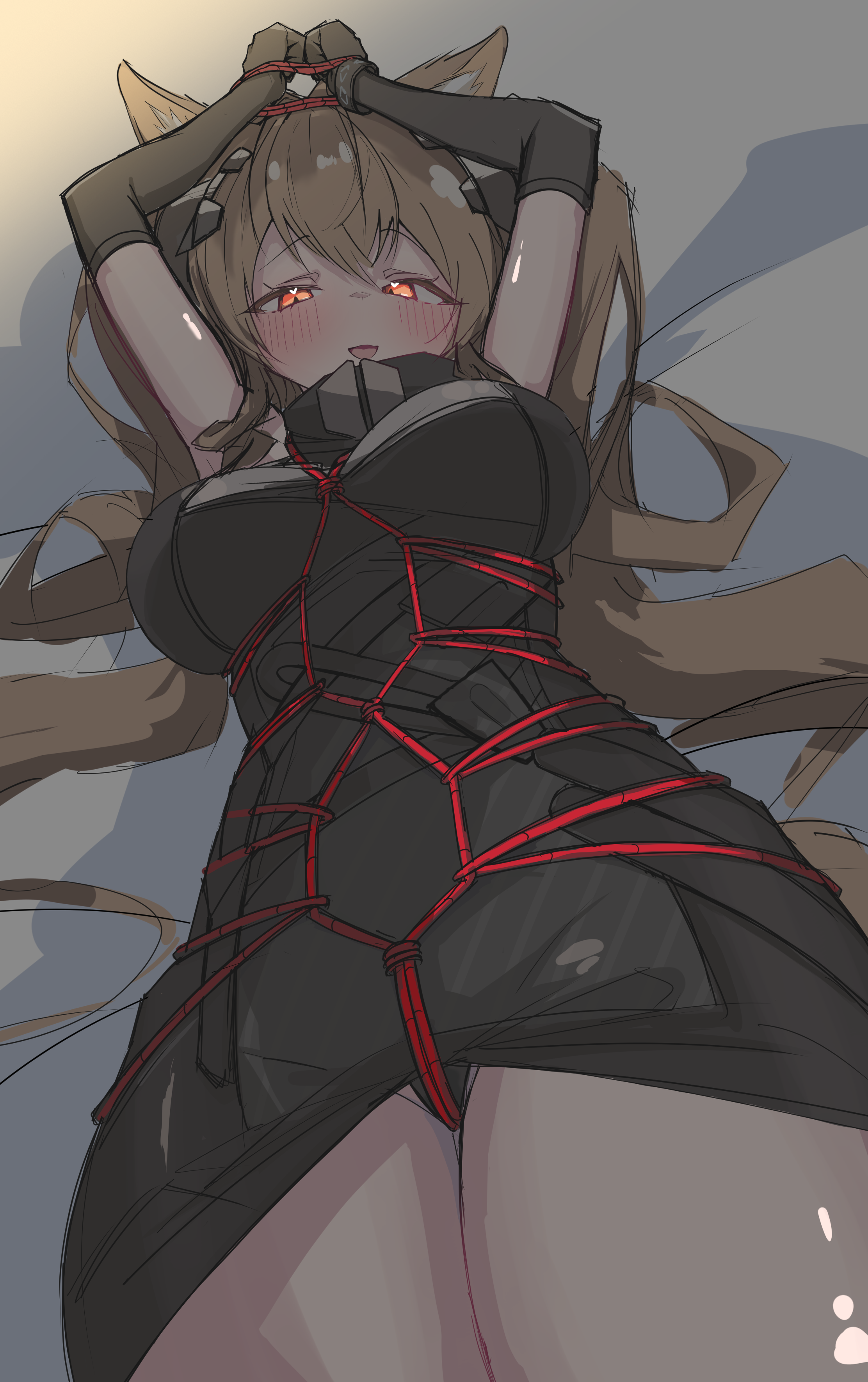 angelina (arknights), gilberta (arknights), arknights, arknights: endfield, absurdres, commentary request, highres, 1girl, :d, animal ear fluff, animal ear headphones, animal ears, bdsm, black dress, black gloves, black panties, blush, bondage, bound, bound arms, bound wrists, breasts, brown hair, crotch rope, dress, elbow gloves, fake animal ears, fox ear headphones, fox ears, fox girl, gloves, glowing, glowing eyes, hands up, headphones, headpiece, impossible clothes, impossible dress, intravenous drip, large breasts, long hair, looking at viewer, lying, on back, open mouth, panties, red eyes, red rope, rope, shibari, shibari over clothes, smile, solo, twintails, underwear, upskirt, uroko onyanoko, very long hair
