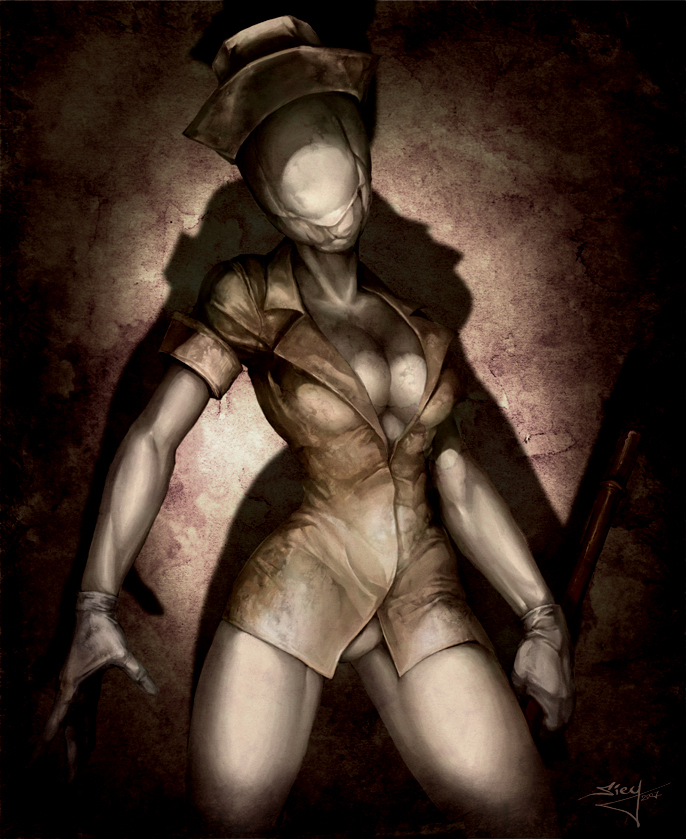serj, bubble head nurse, silent hill, silent hill (movie), silent hill 2, breasts, cleavage, gloves, hat, lead pipe, nurse, nurse cap, panties, pantyshot, shadow, underwear