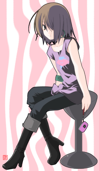 kei-kkk, kei (fortune), hirasawa yui, k-on!, listen!!, 1girl, boots, brown eyes, brown hair, casual, cellphone, denim, female focus, full body, hair over one eye, high heel boots, high heels, jeans, pants, phone, short hair, sitting, solo, stool
