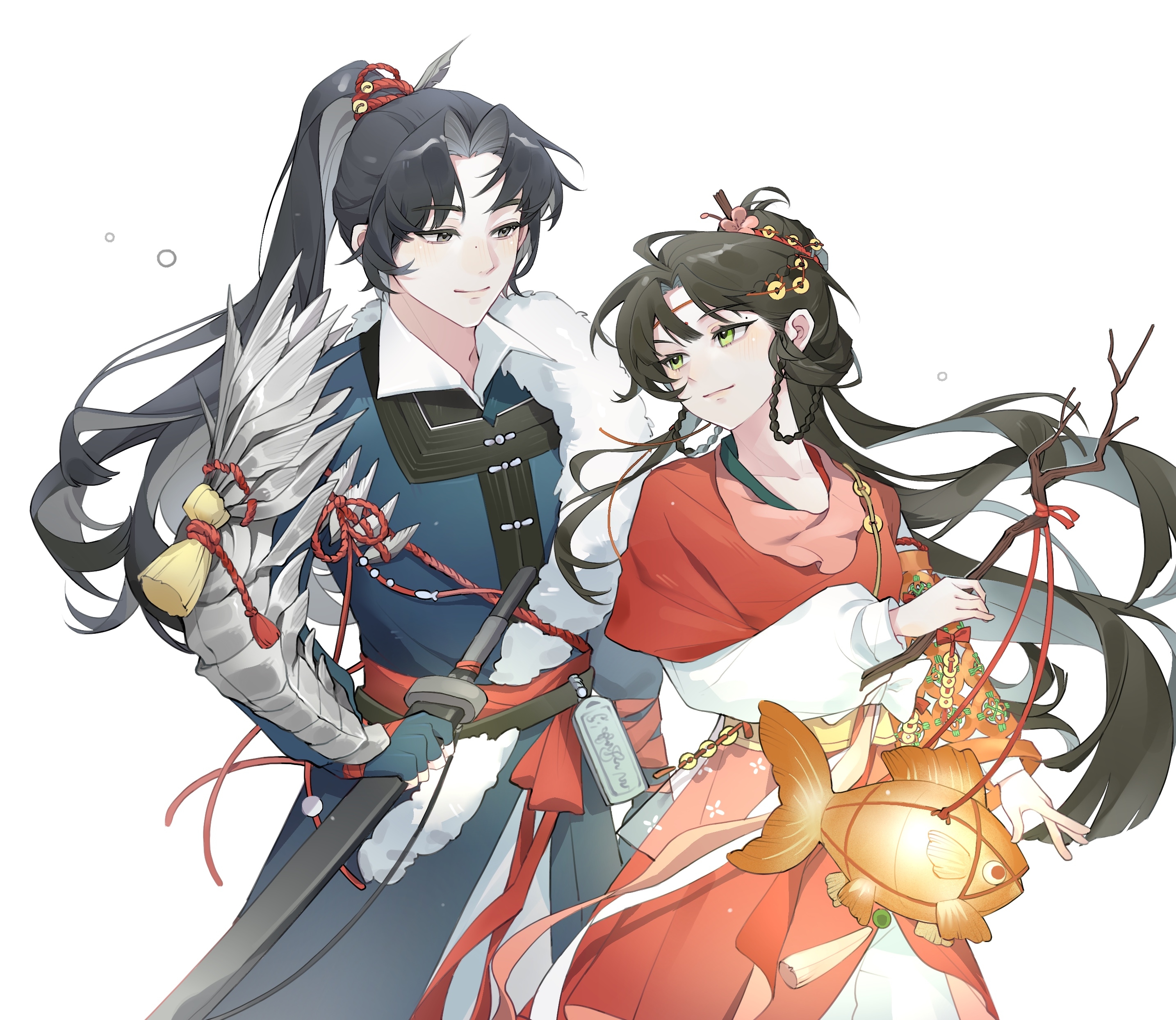 reverse:1999, absurdres, artist request, chinese commentary, commentary request, commission, highres, second-party source, 1boy, 1girl, animal lantern, arm armor, black eyes, black hair, blue robe, cheng heguang, chinese clothes, facial mark, floating hair, forehead mark, green eyes, hair bun, hanfu, holding, holding lantern, holding sword, holding weapon, jian (weapon), lantern, long hair, looking at another, mole, mole above eye, paper heron, ponytail, red hanfu, robe, sheath, sheathed, sword, turning head, weapon, white background